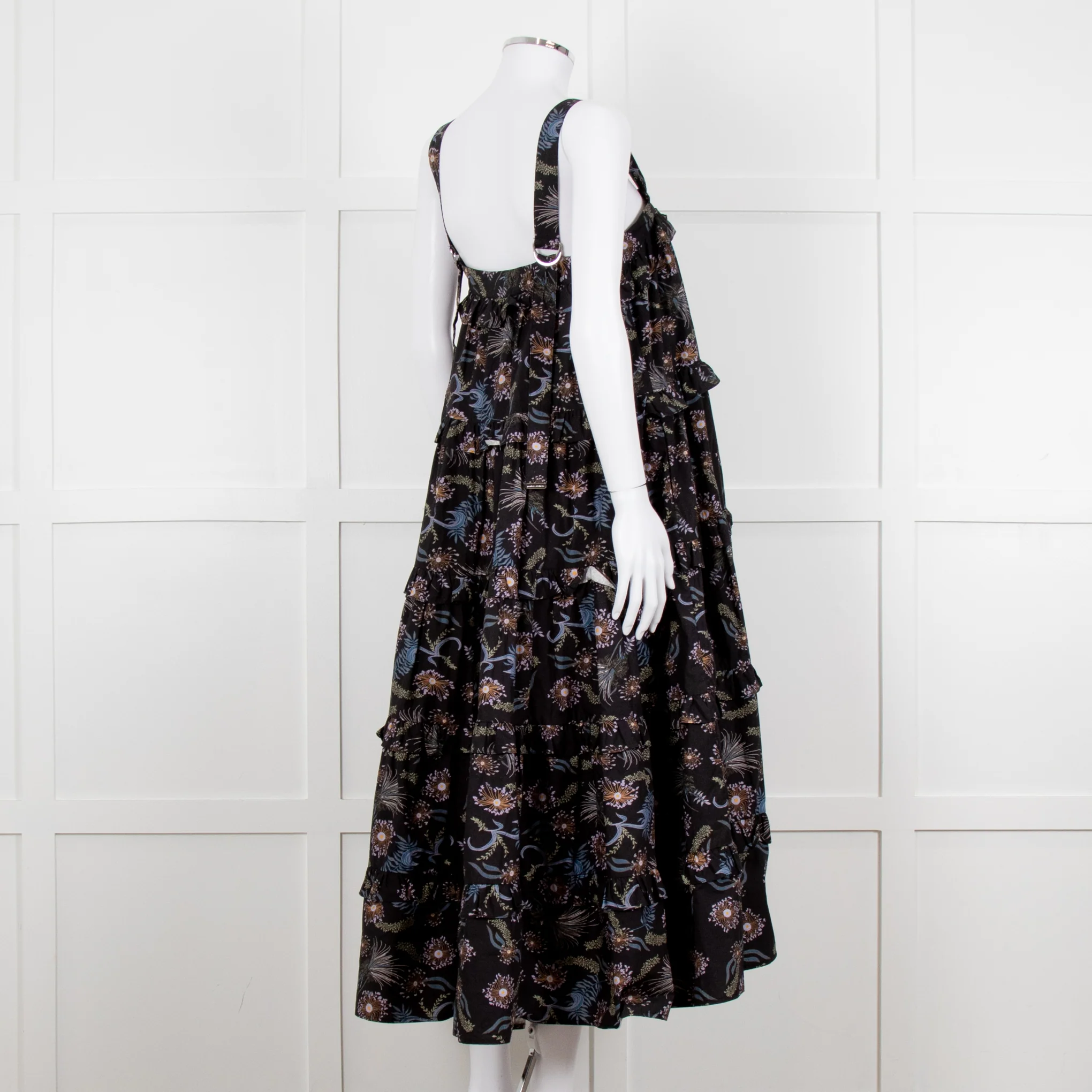 Magali Pascal Black Purple Floral Cotton Tiered Sleeveless Long Dress - Image 6