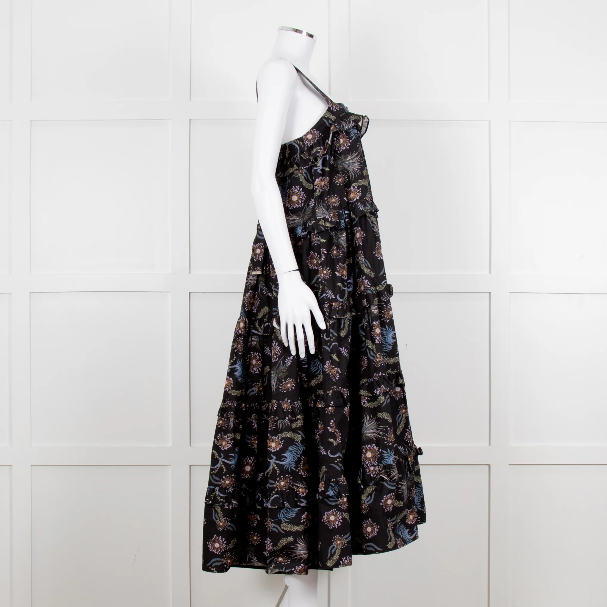 Magali Pascal Black Purple Floral Cotton Tiered Sleeveless Long Dress - Image 7