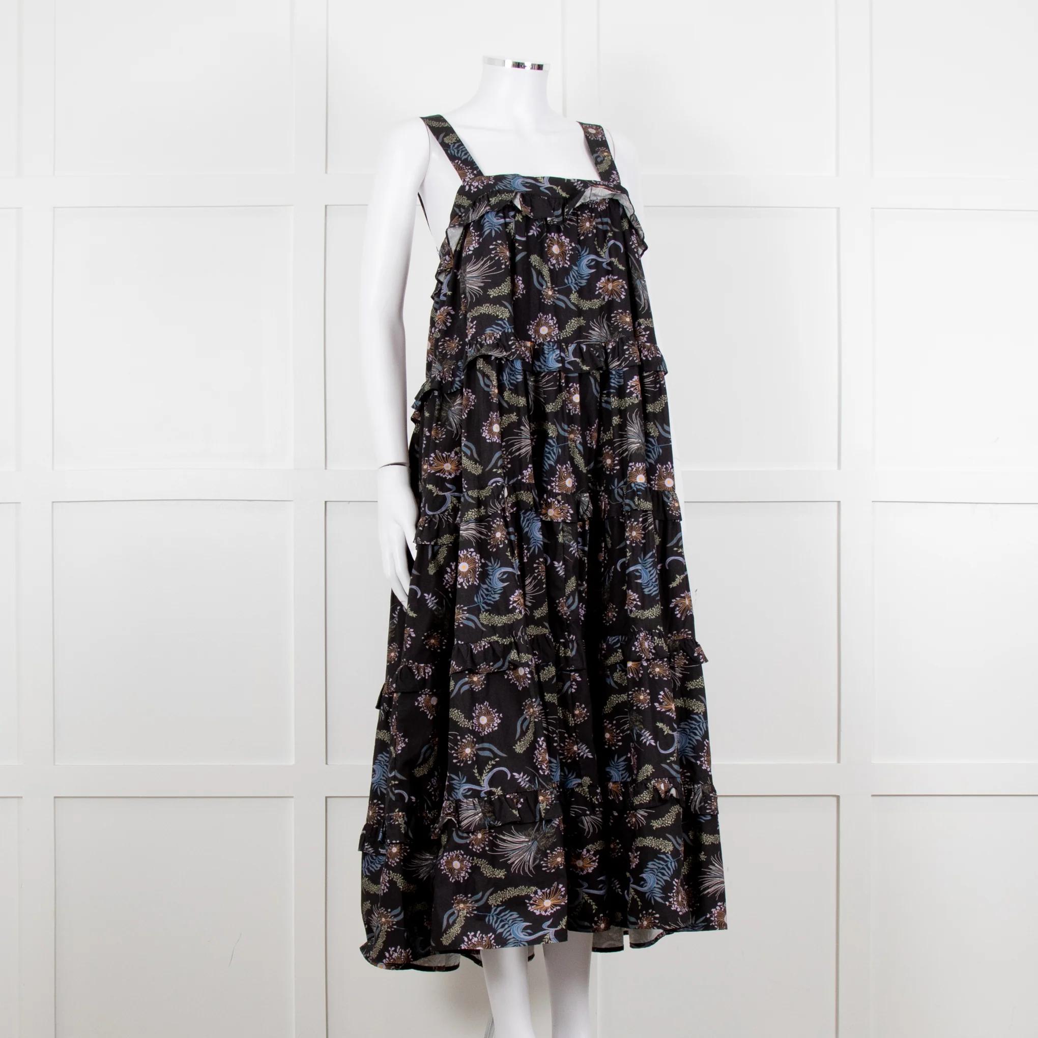 Magali Pascal Black Purple Floral Cotton Tiered Sleeveless Long Dress - Image 8
