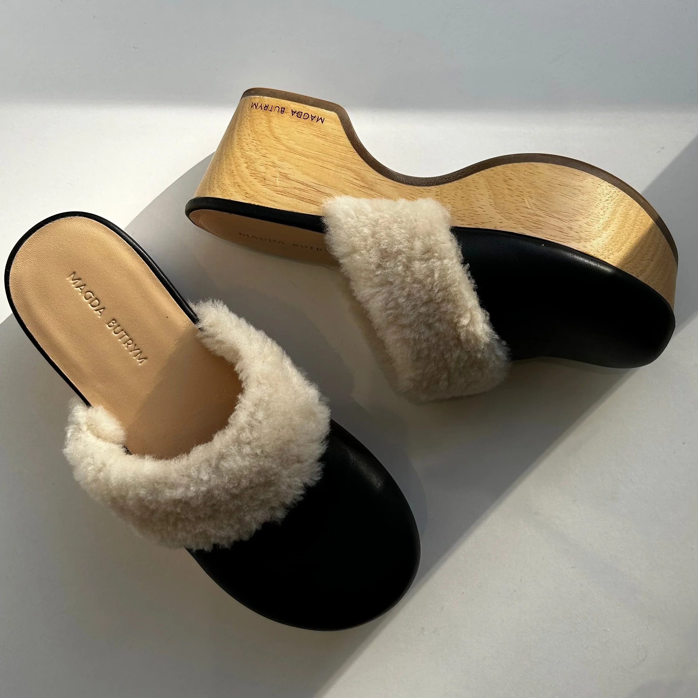 Magda Butrym Black Cream Fur Leather Clogs - Image 2