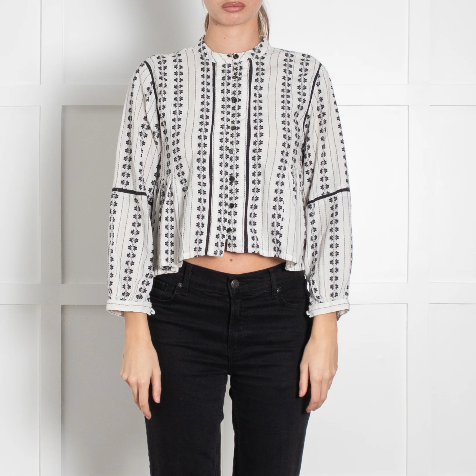 Maison Hotel Cream Black Embroidery Cropped Long Sleeve Top - Image 2