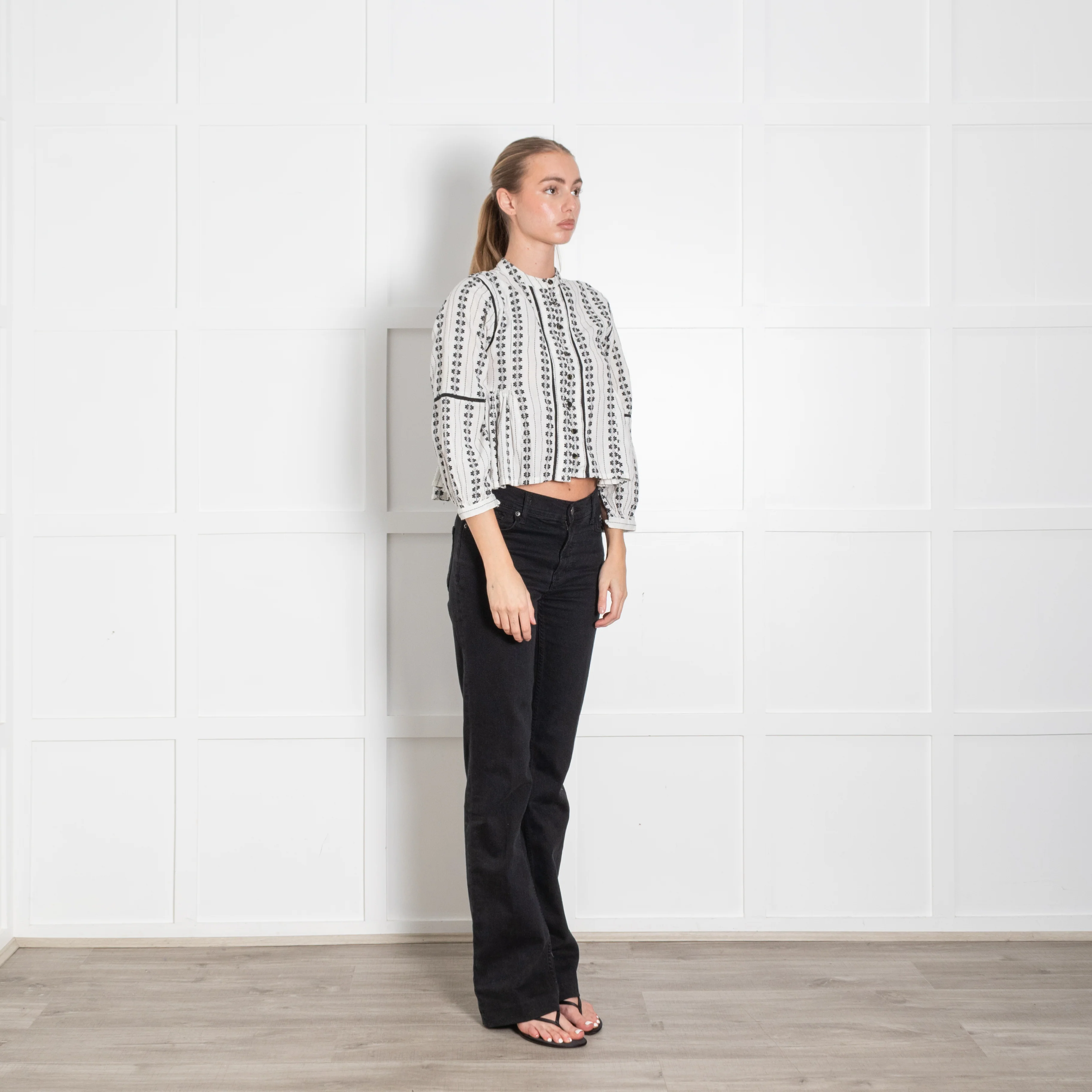 Maison Hotel Cream Black Embroidery Cropped Long Sleeve Top - Image 7