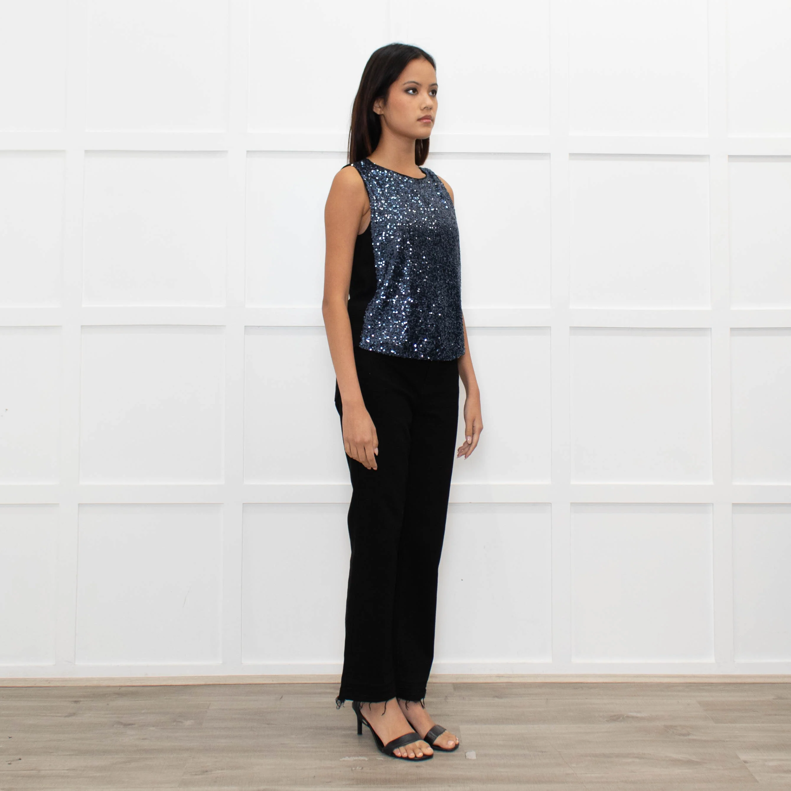 Maje Black Blue Front Sequins Sleeveless Top - Image 3
