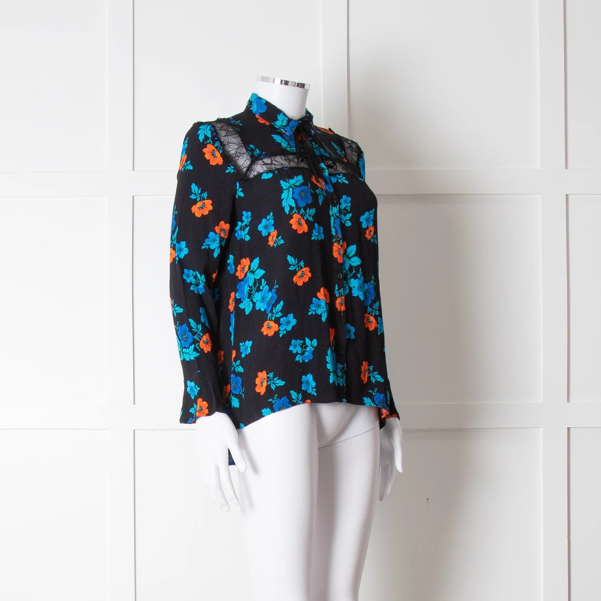 Maje Black Blue Orange Floral Lace Trim Long Sleeve Top - Image 2
