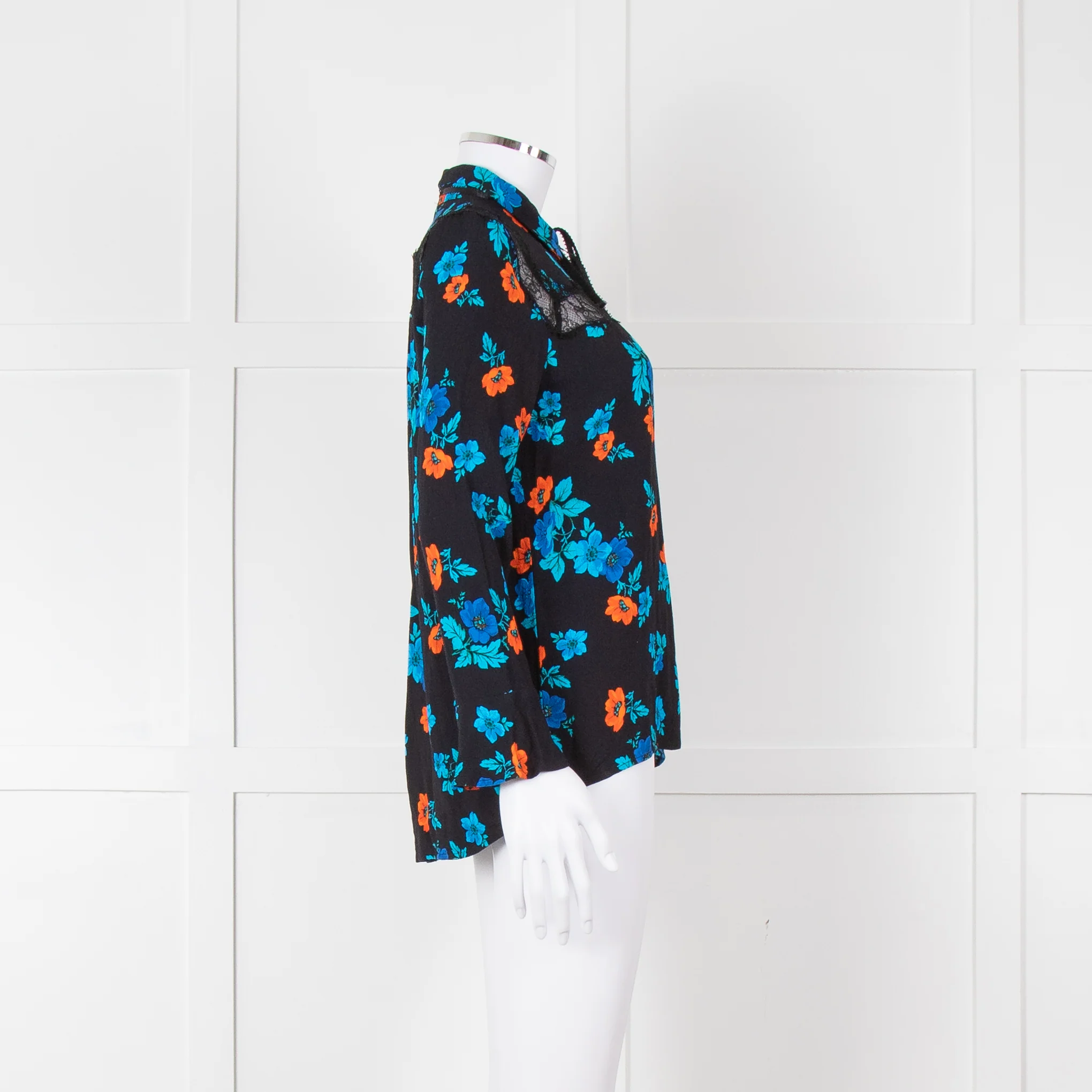 Maje Black Blue Orange Floral Lace Trim Long Sleeve Top - Image 3