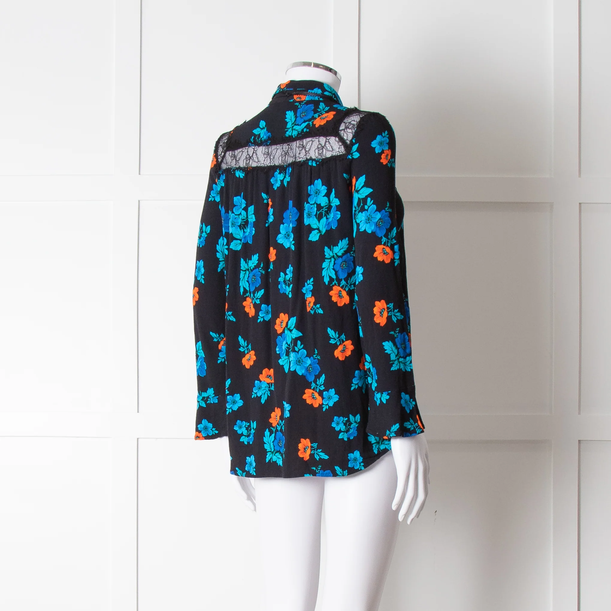 Maje Black Blue Orange Floral Lace Trim Long Sleeve Top - Image 4