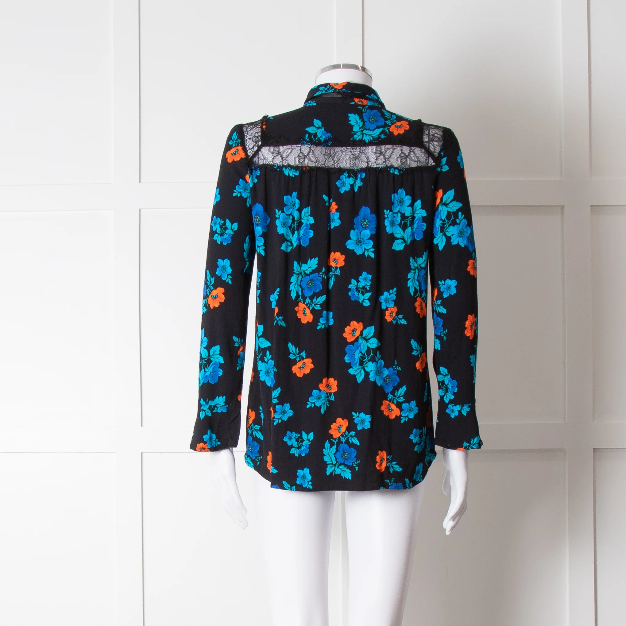 Maje Black Blue Orange Floral Lace Trim Long Sleeve Top - Image 5