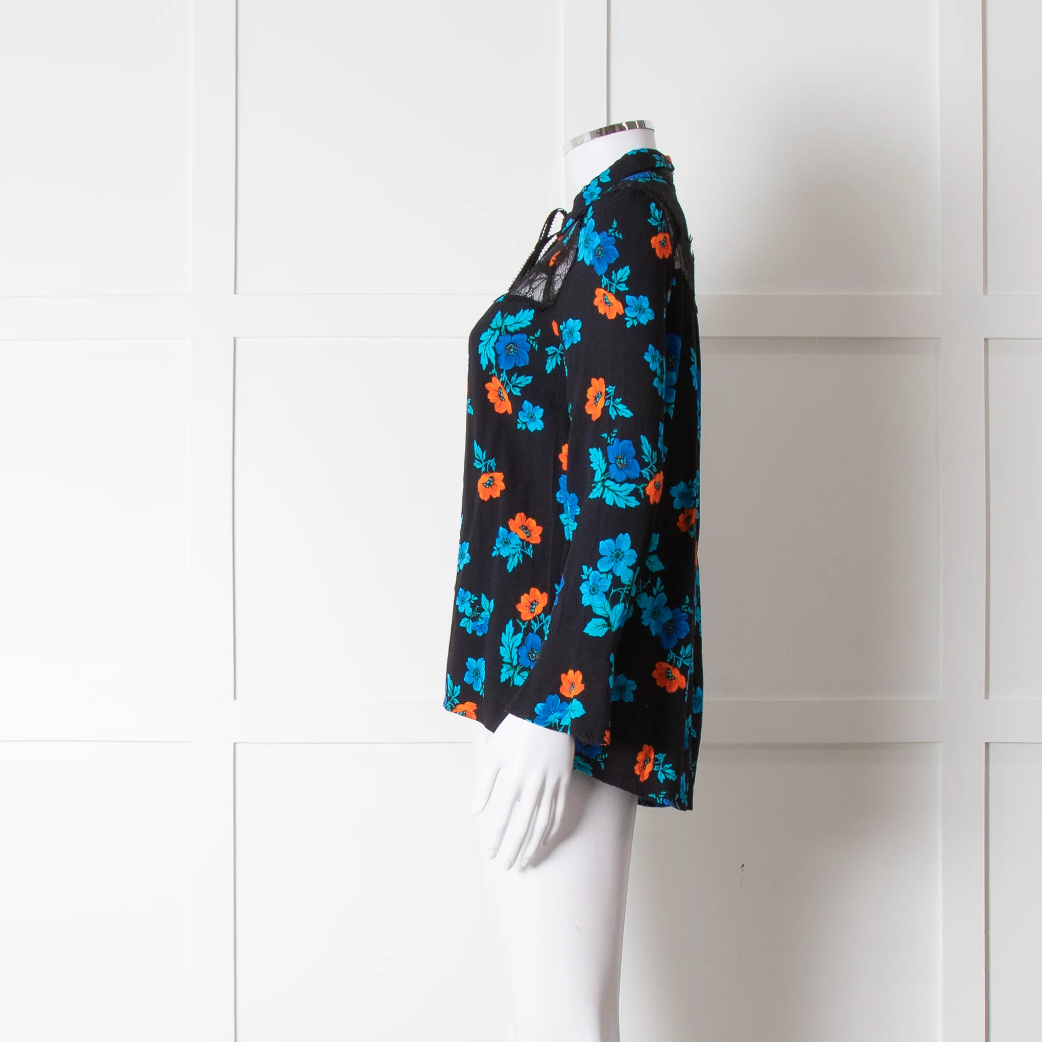 Maje Black Blue Orange Floral Lace Trim Long Sleeve Top - Image 7