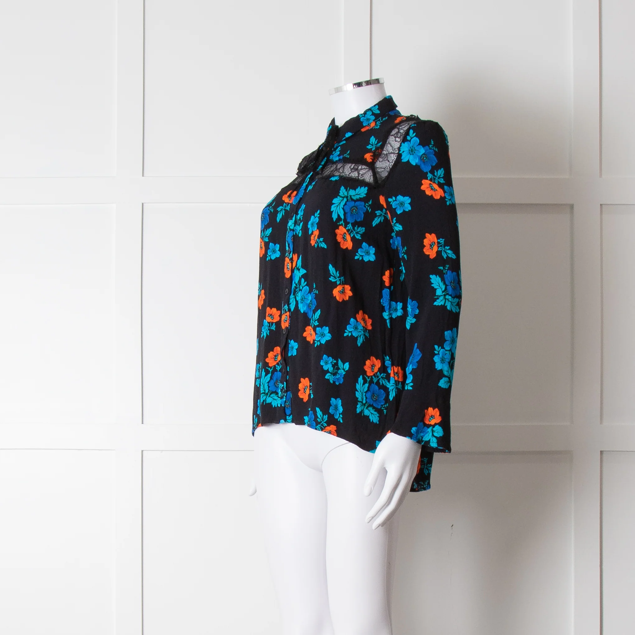 Maje Black Blue Orange Floral Lace Trim Long Sleeve Top - Image 8