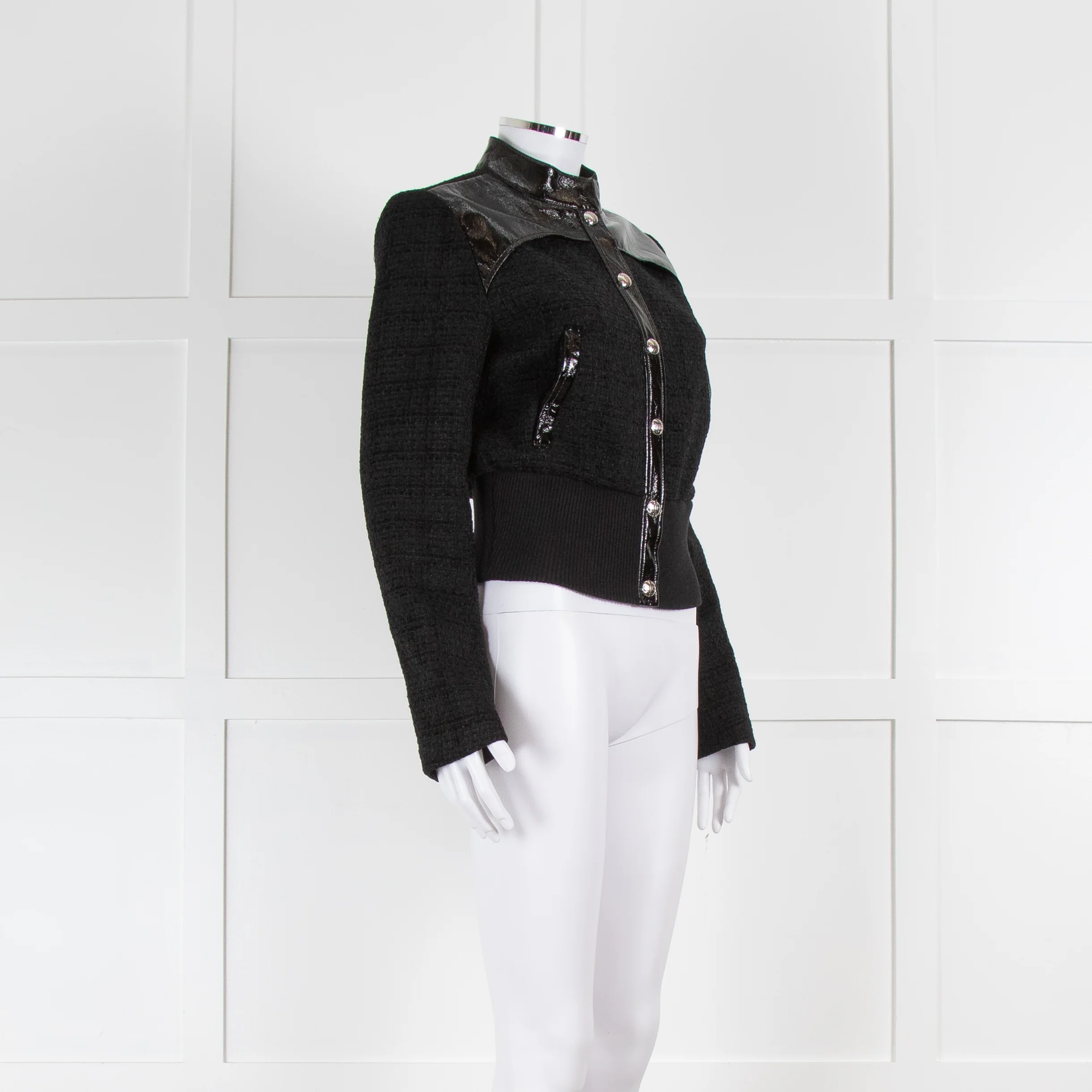 Maje Black Boucle Bomber Jacket with Crinkle Vinyl Accents - Image 2