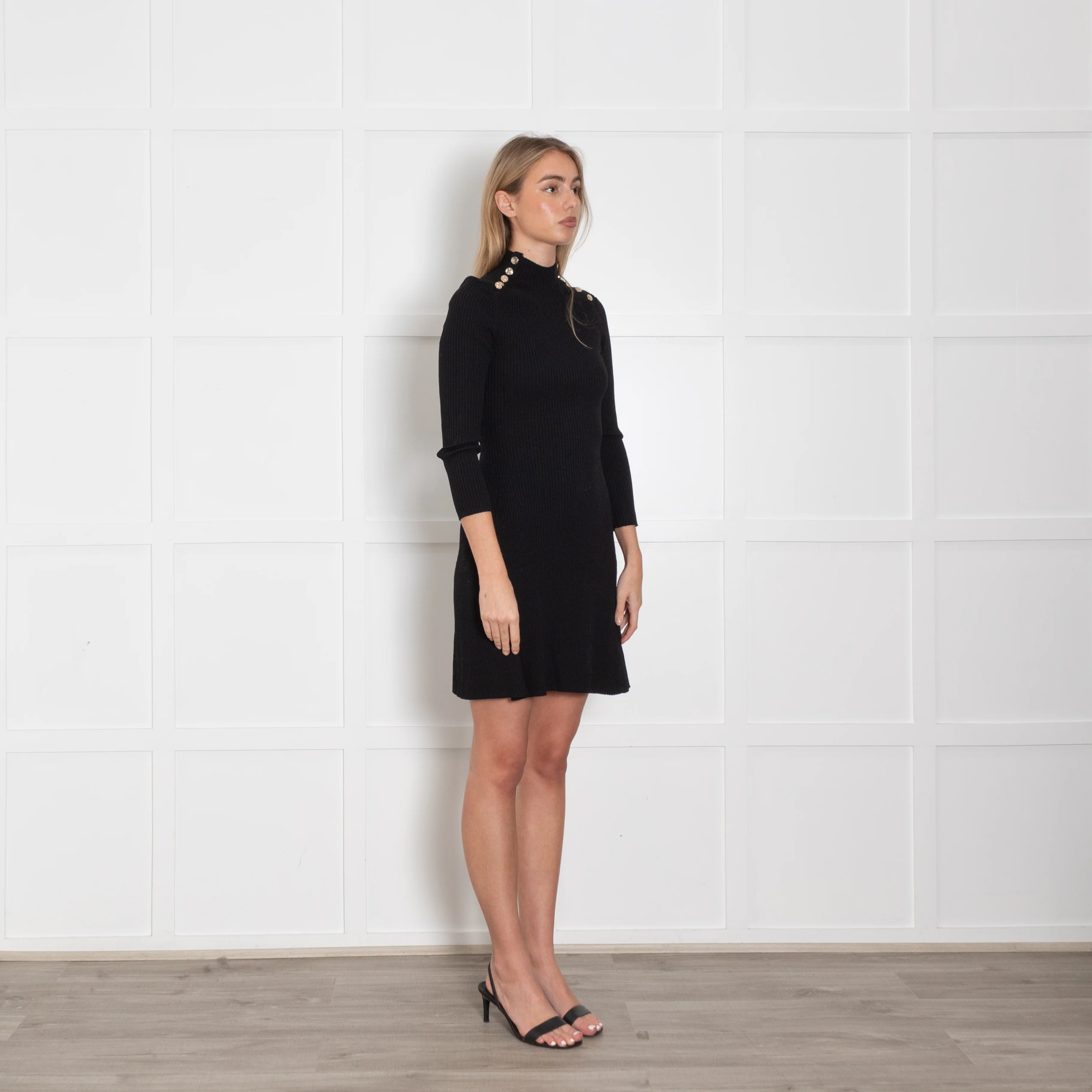 Maje Black Gold Button Detail Rib Knit Fit And Flare Dress - Image 7