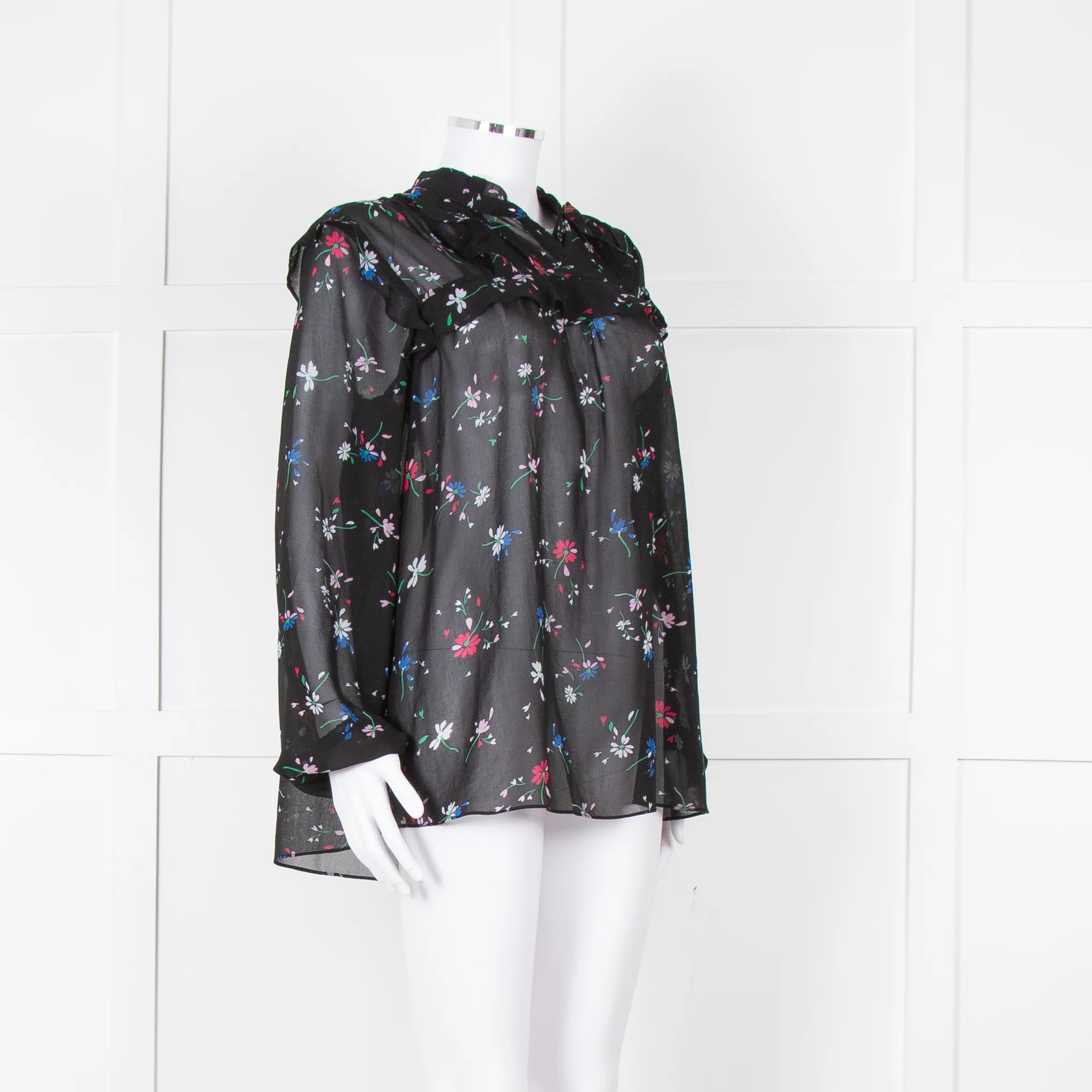 Maje Black Red White Floral Frill Detail Long Sleeve Top - Image 2