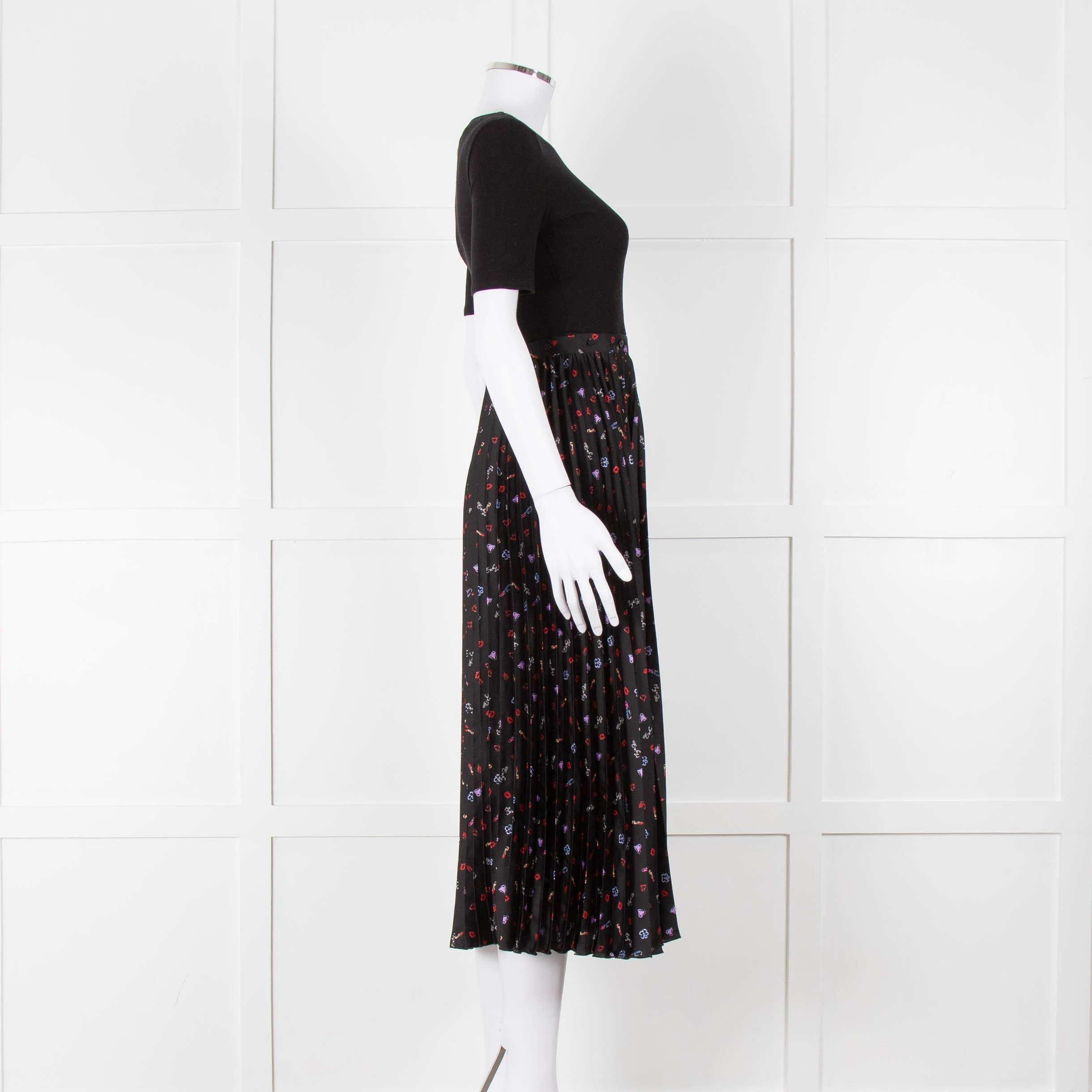 Maje Black Ribbed T-shirt Dress with Pleated Patterned Skirt - Image 3