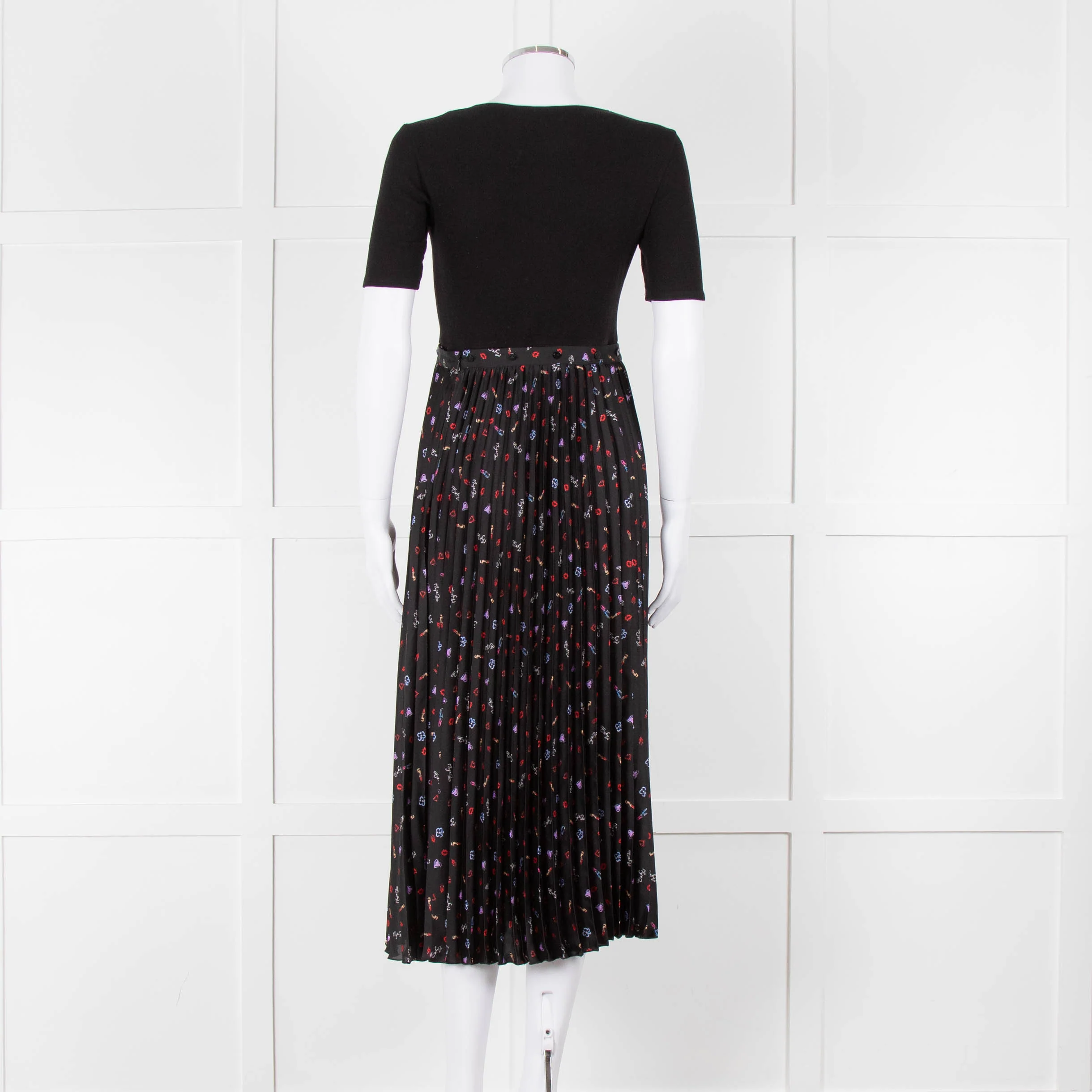 Maje Black Ribbed T-shirt Dress with Pleated Patterned Skirt - Image 5