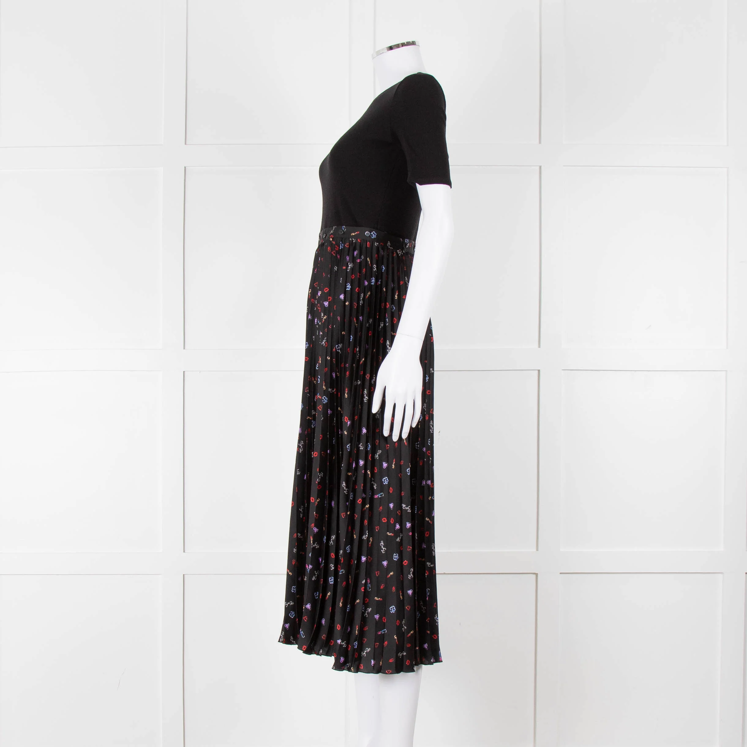 Maje Black Ribbed T-shirt Dress with Pleated Patterned Skirt - Image 7