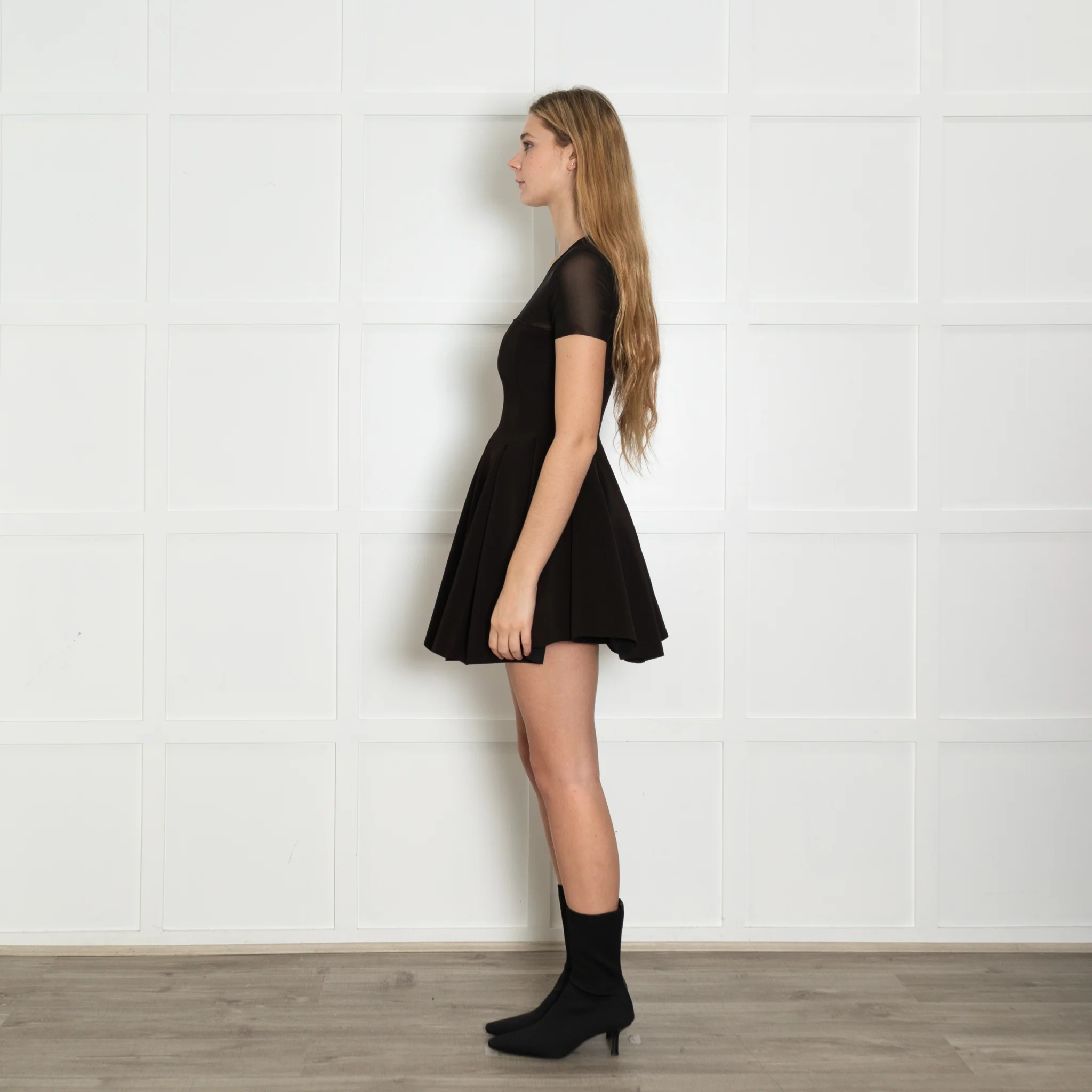 Maje Black Skater Style Mini Dress with Mesh Shoulders - Image 4