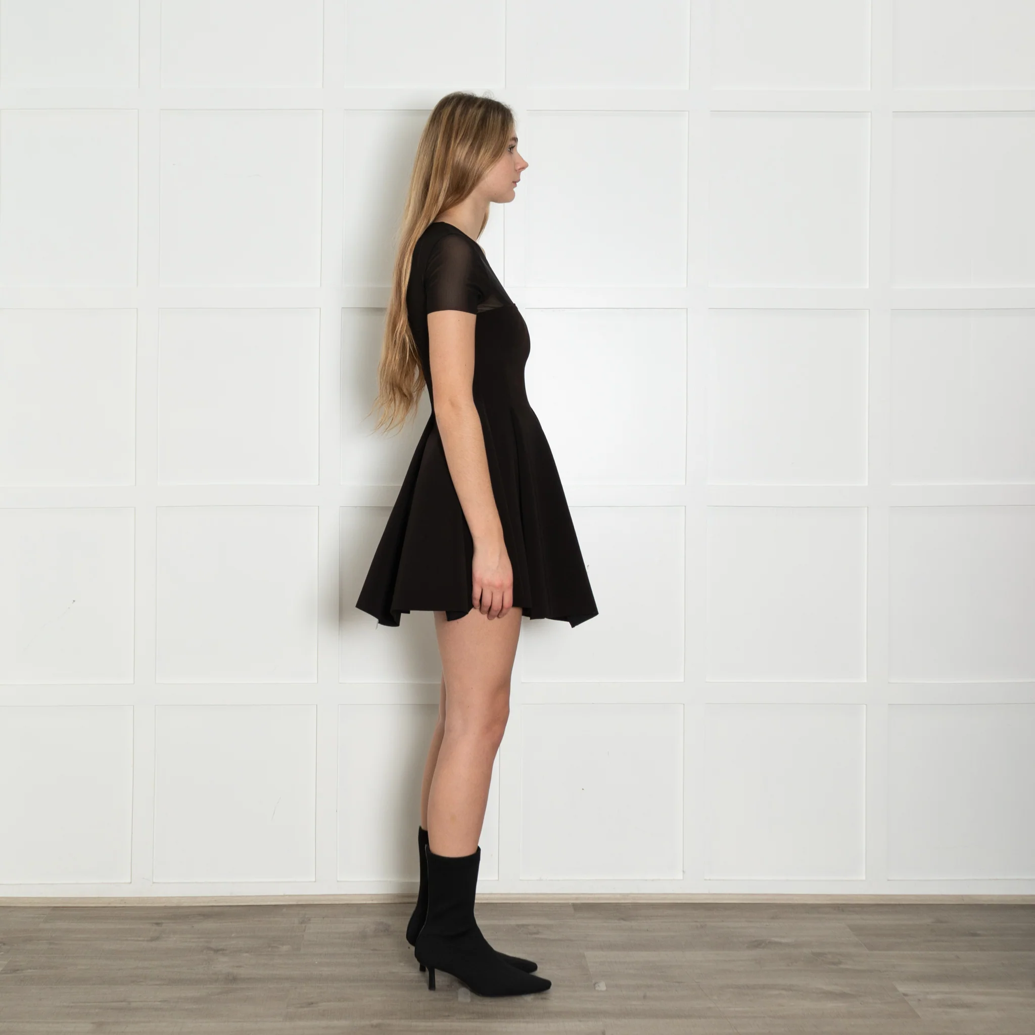 Maje Black Skater Style Mini Dress with Mesh Shoulders - Image 6