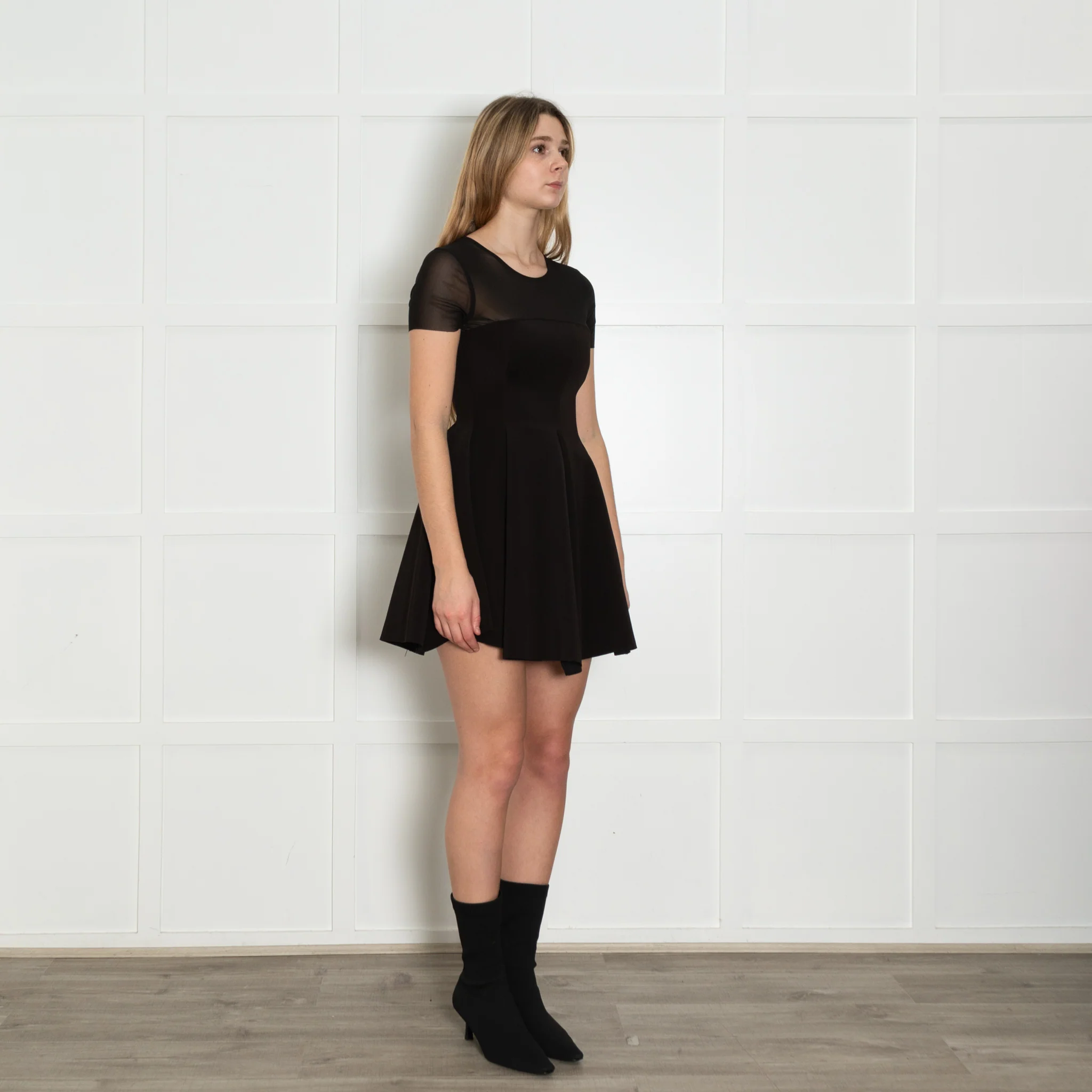 Maje Black Skater Style Mini Dress with Mesh Shoulders - Image 7