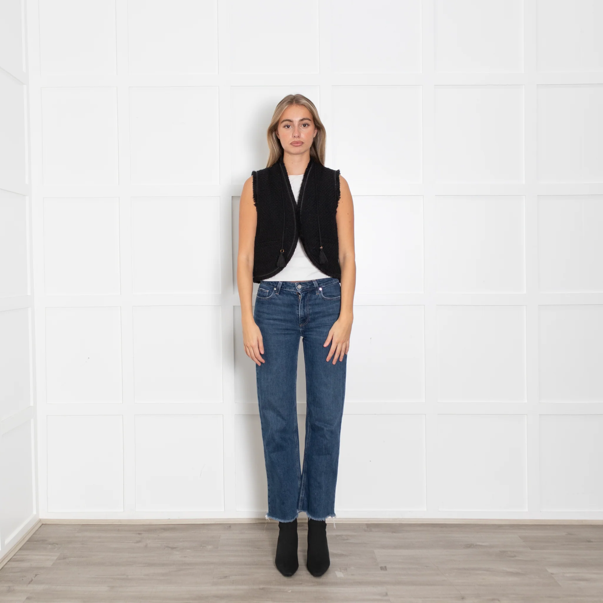 Maje Black Tweed Fringed Edge Waistcoat