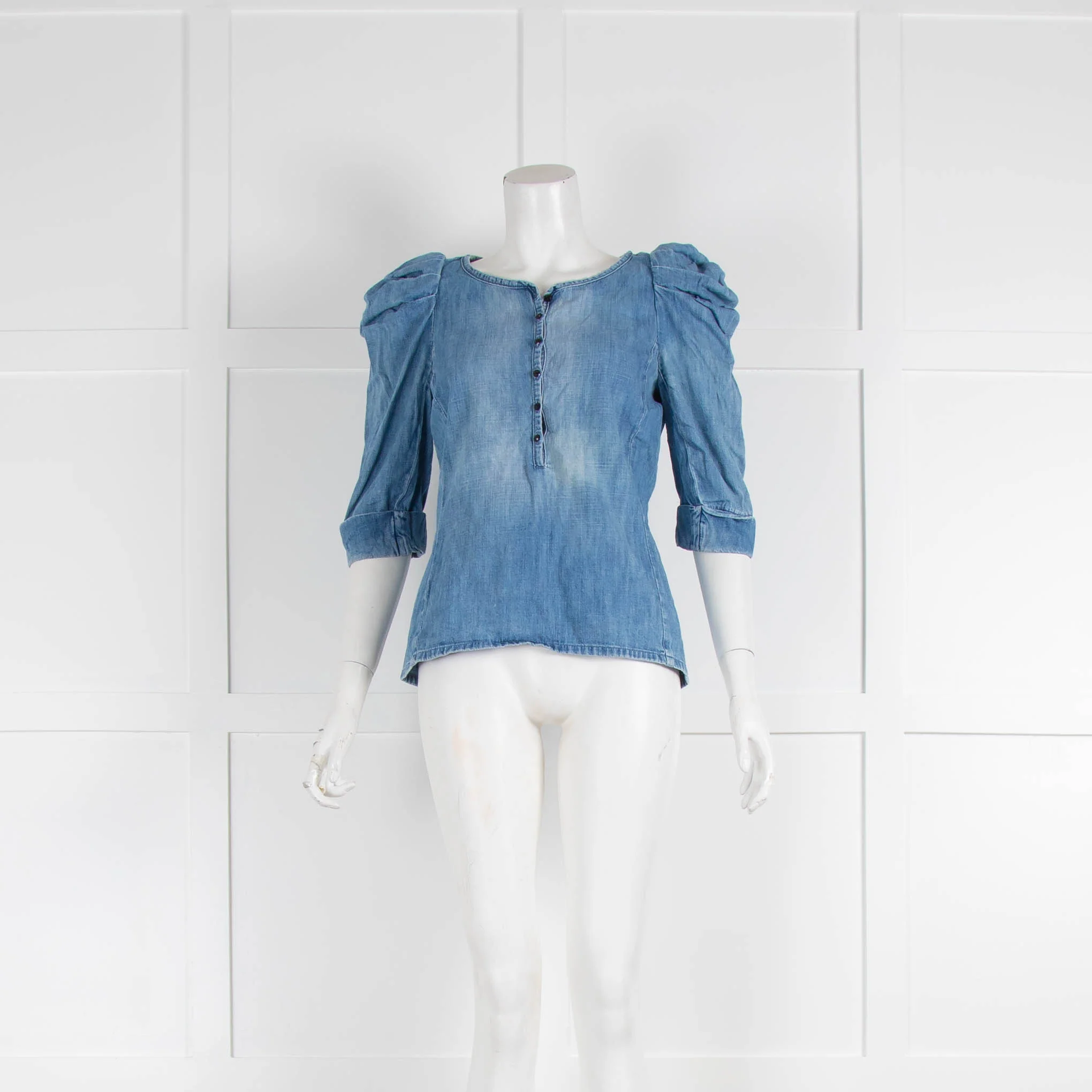 Maje Blue Denim Puff Sleeve V Neck Top