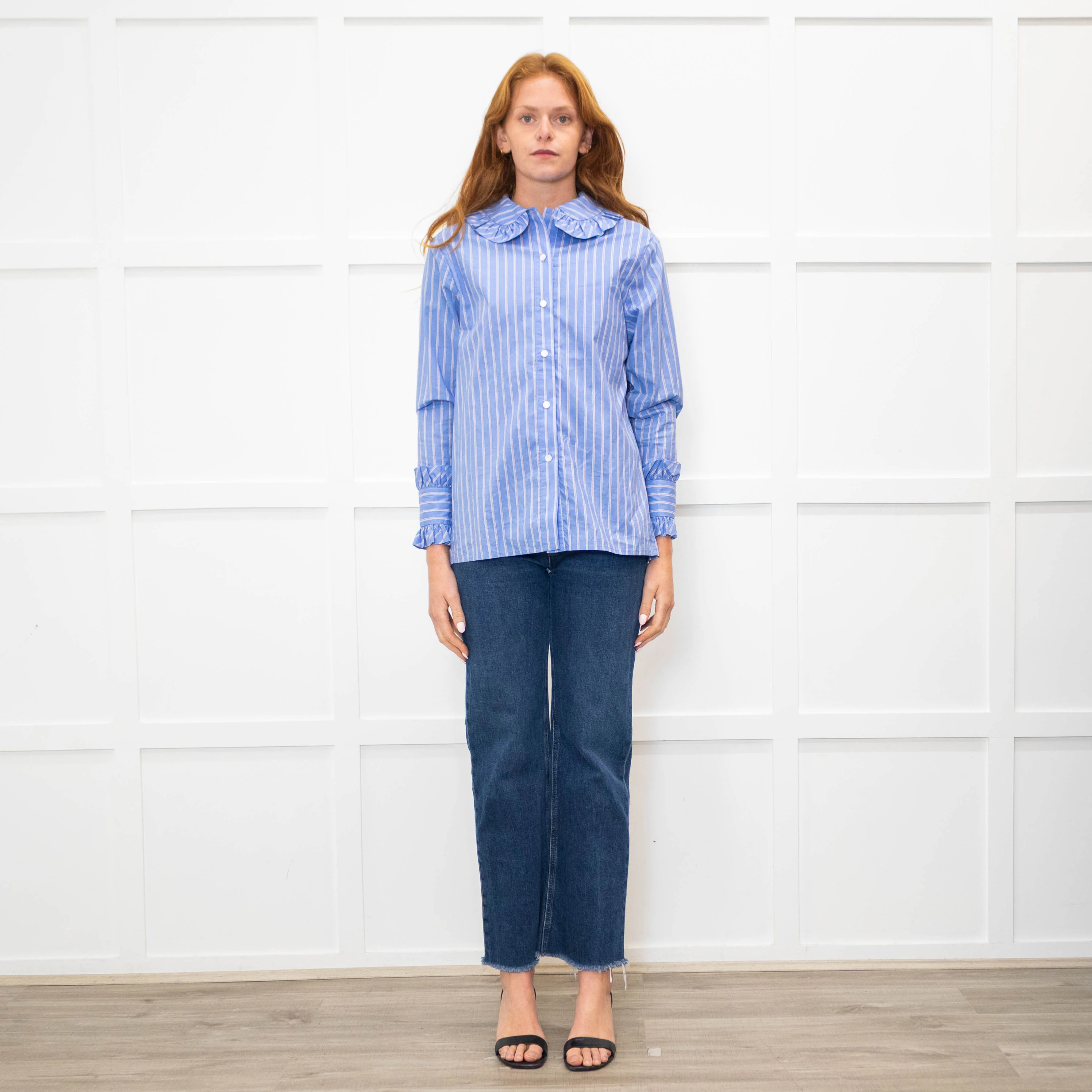 Maje Blue Red Cream Fine Stripe Frill Collar & Cuff Blouse
