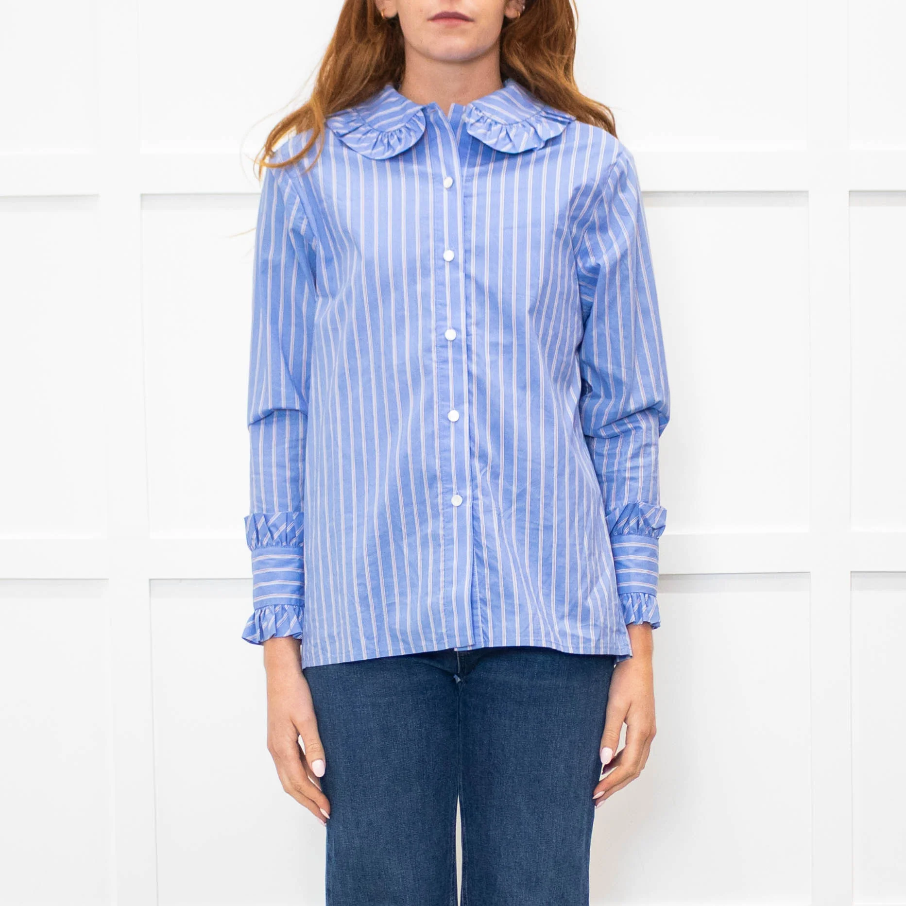 Maje Blue Red Cream Fine Stripe Frill Collar & Cuff Blouse - Image 2