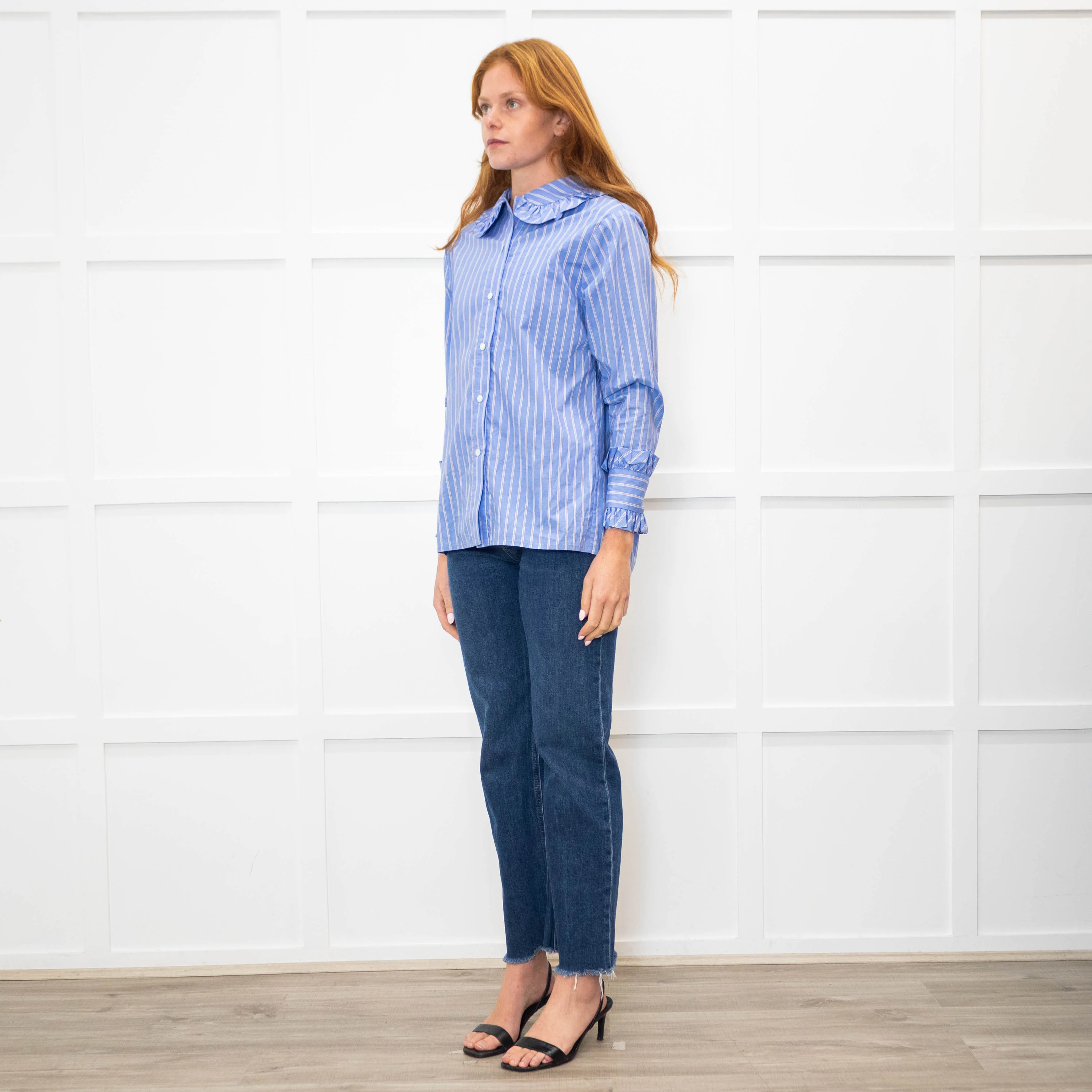 Maje Blue Red Cream Fine Stripe Frill Collar & Cuff Blouse - Image 3