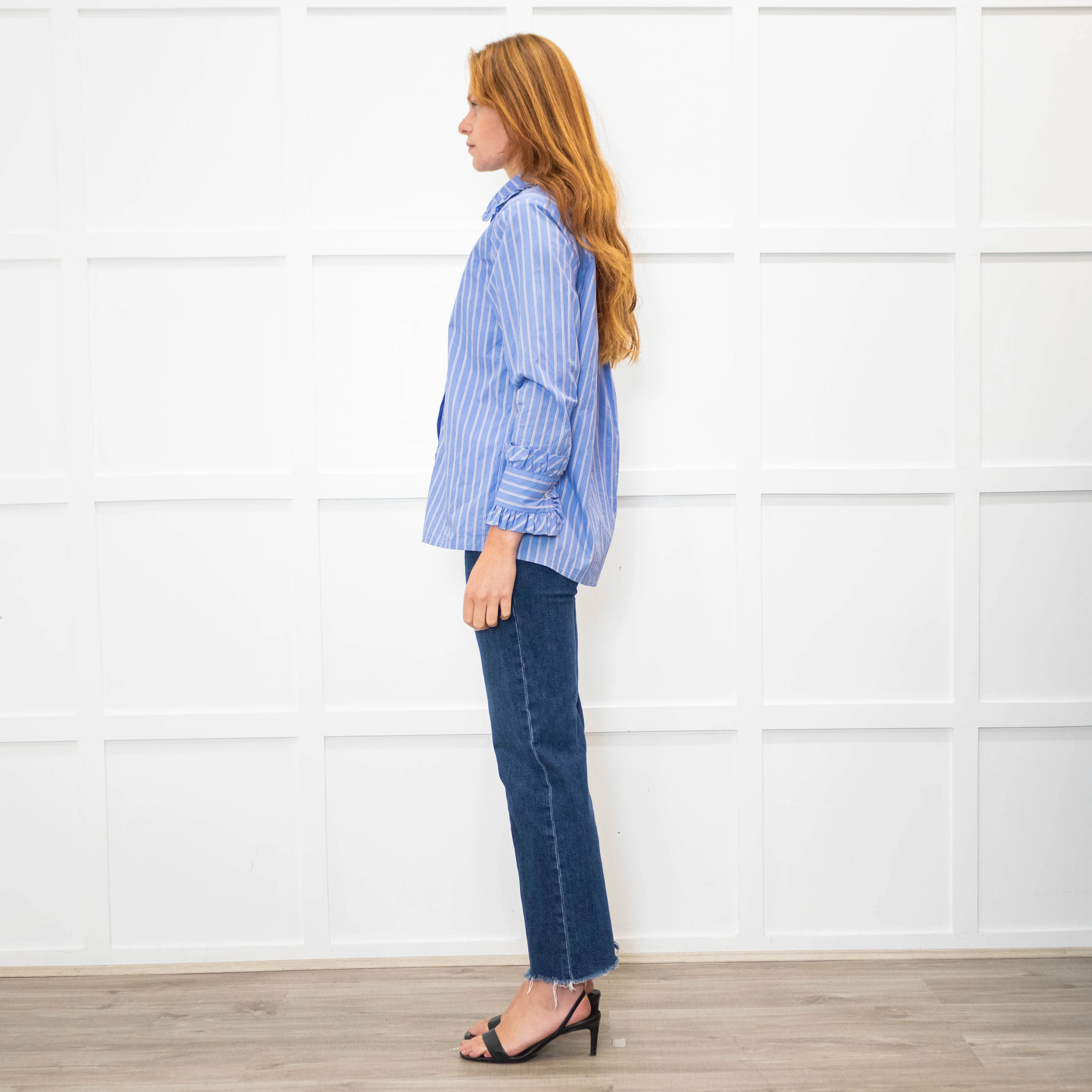 Maje Blue Red Cream Fine Stripe Frill Collar & Cuff Blouse - Image 4