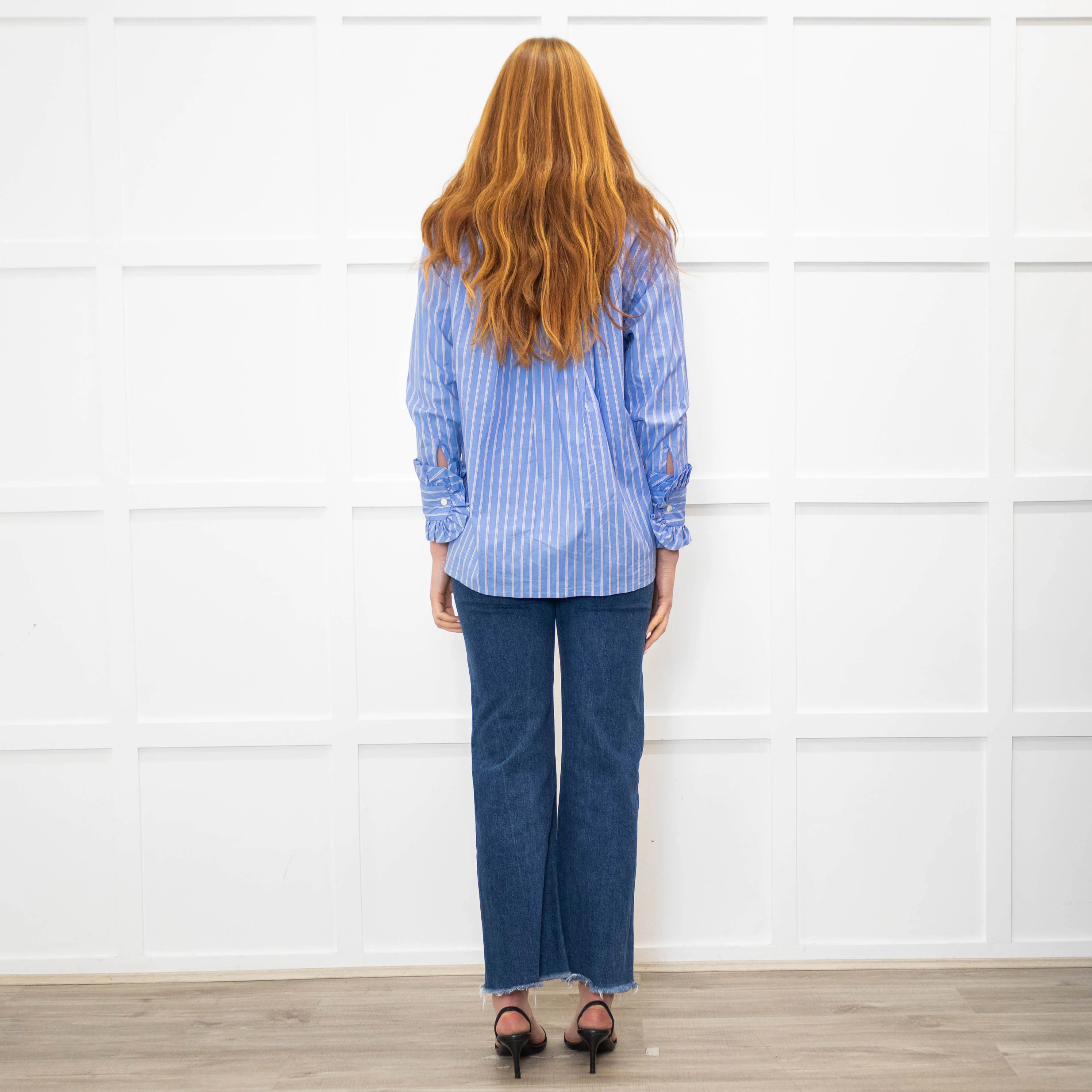 Maje Blue Red Cream Fine Stripe Frill Collar & Cuff Blouse - Image 5