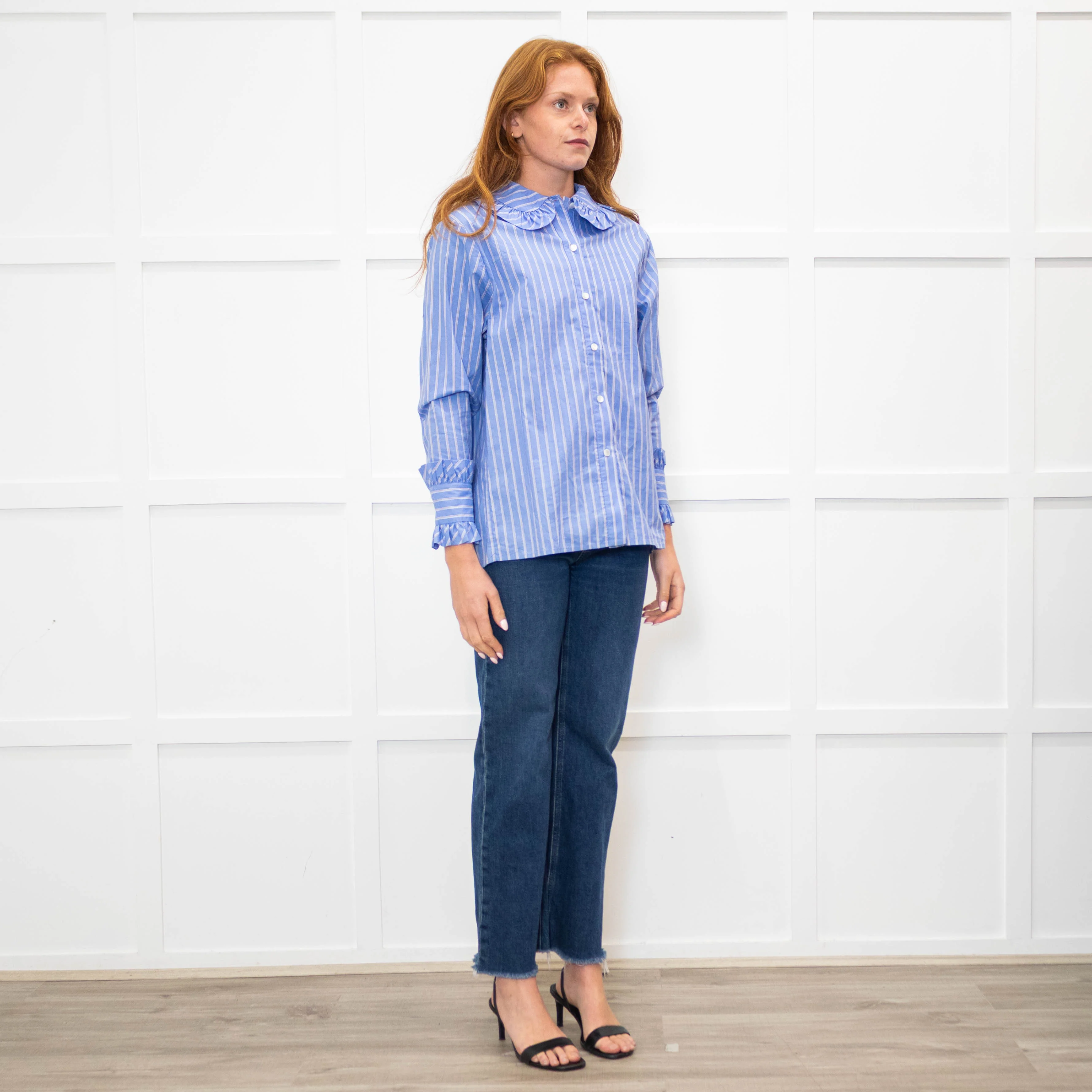 Maje Blue Red Cream Fine Stripe Frill Collar & Cuff Blouse - Image 7