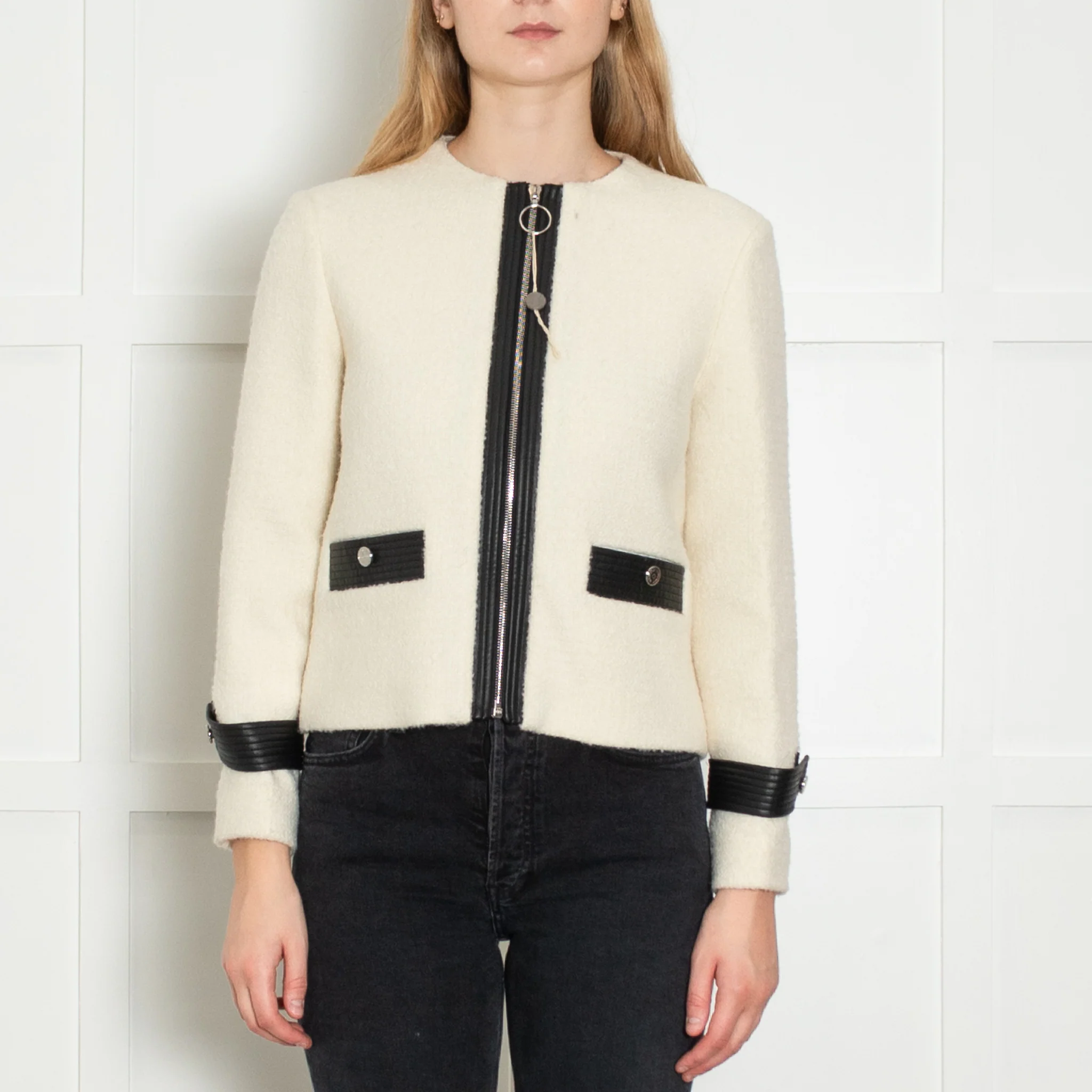 Maje Cream Black Leather Trim Zip-Up Jacket - Image 2