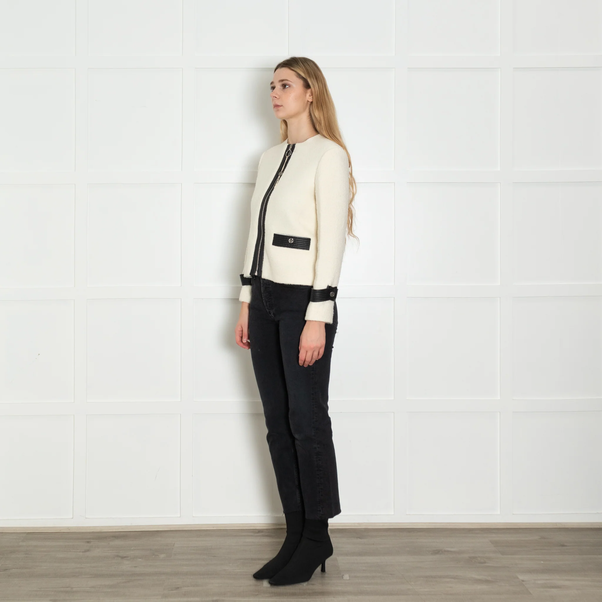 Maje Cream Black Leather Trim Zip-Up Jacket - Image 3