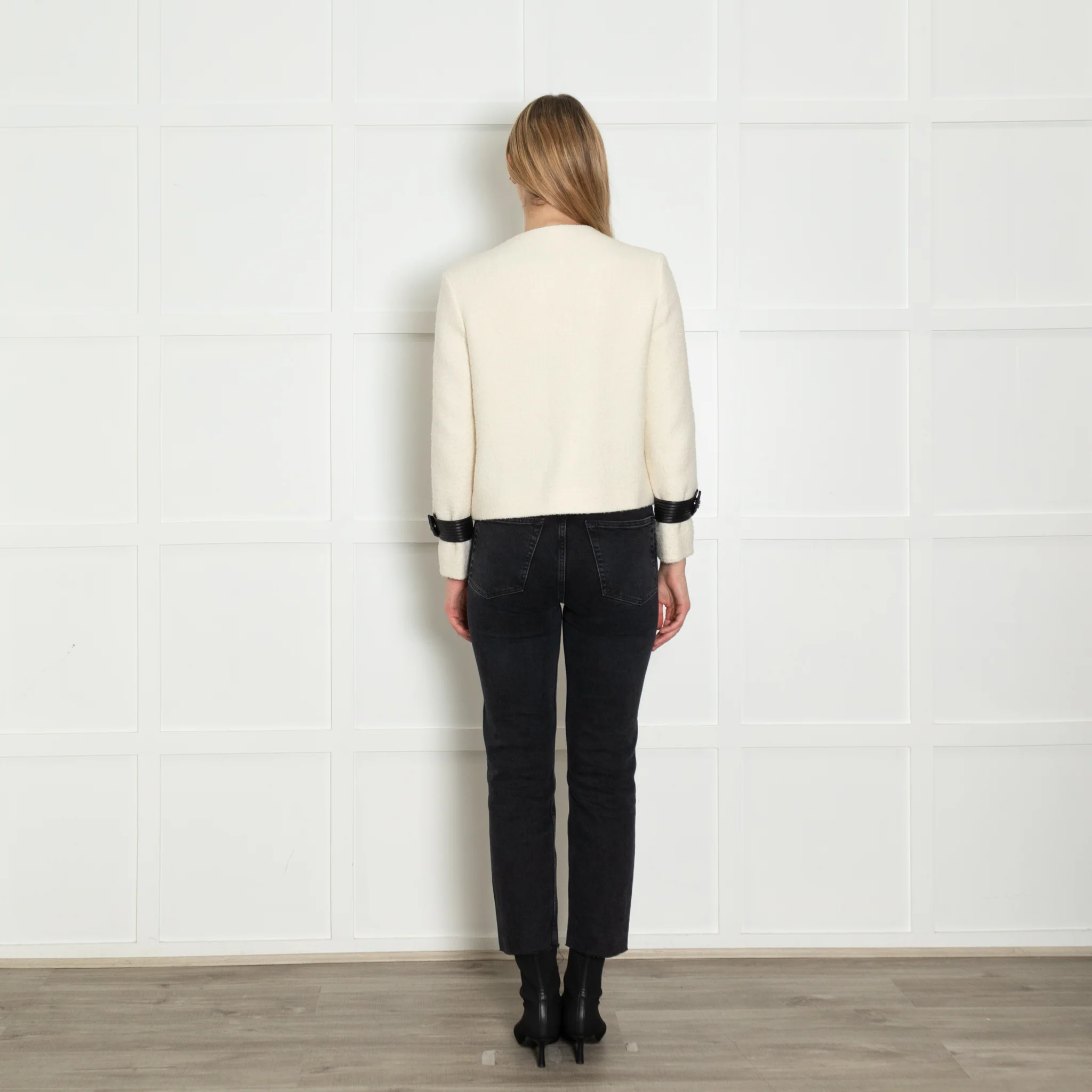 Maje Cream Black Leather Trim Zip-Up Jacket - Image 5