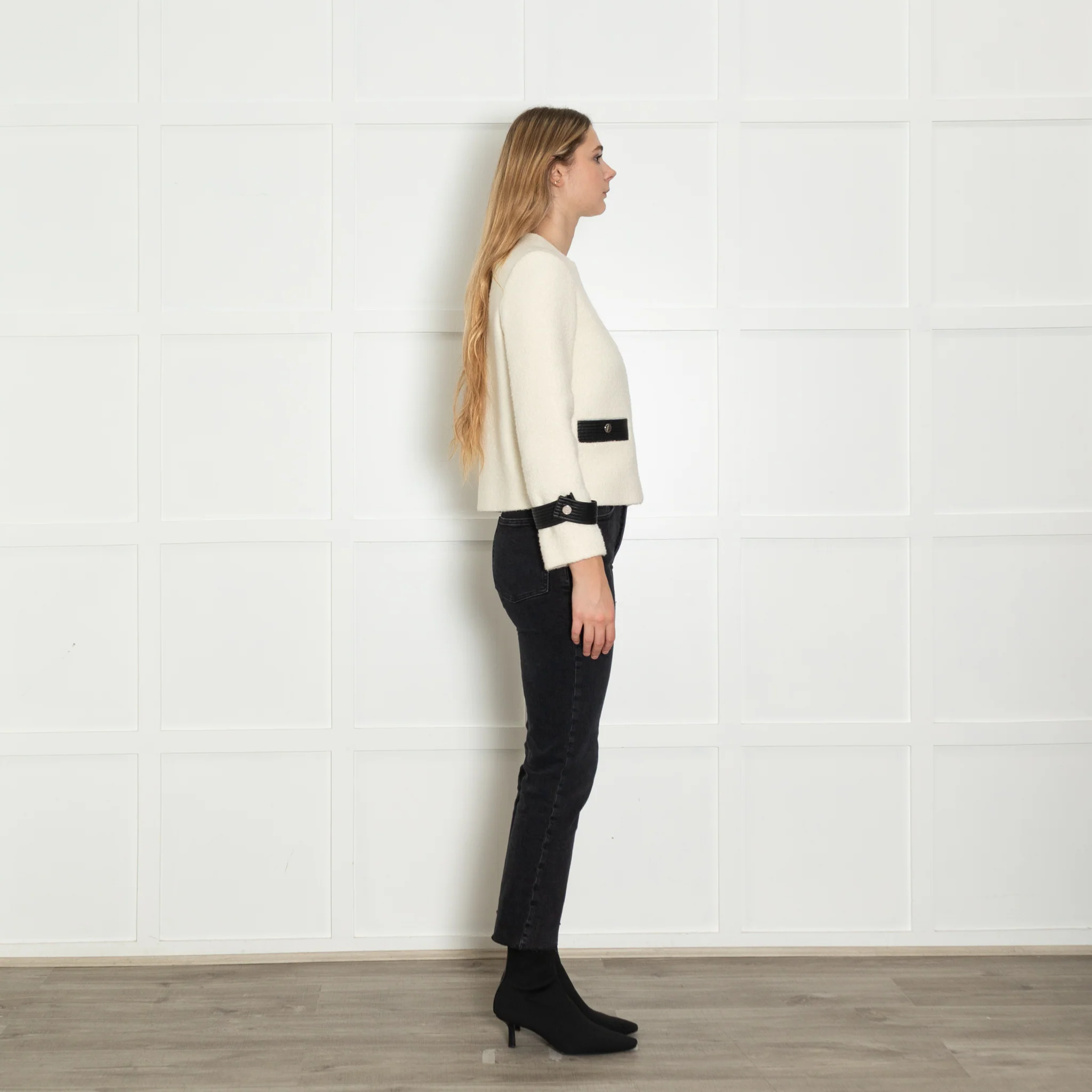 Maje Cream Black Leather Trim Zip-Up Jacket - Image 6