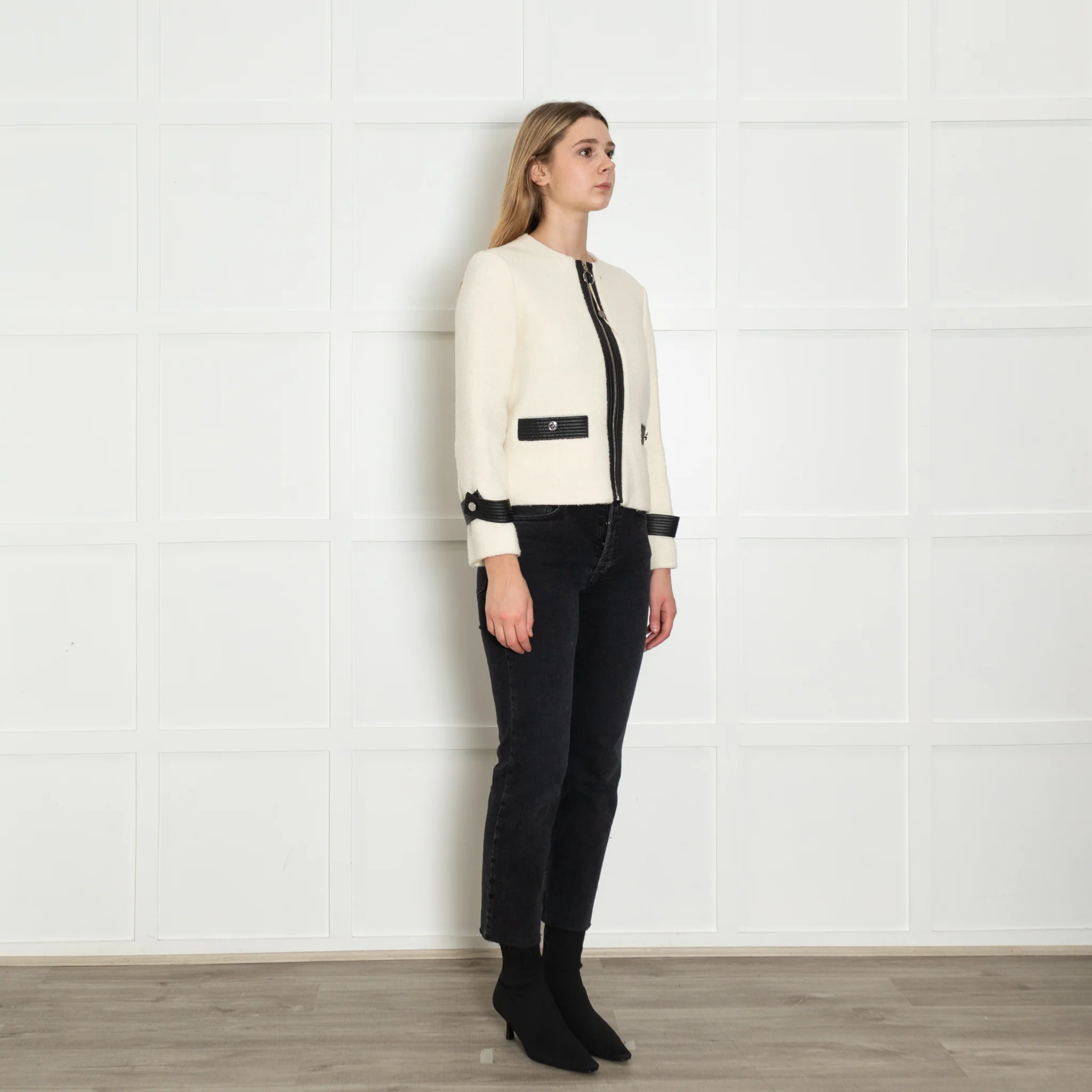 Maje Cream Black Leather Trim Zip-Up Jacket - Image 7