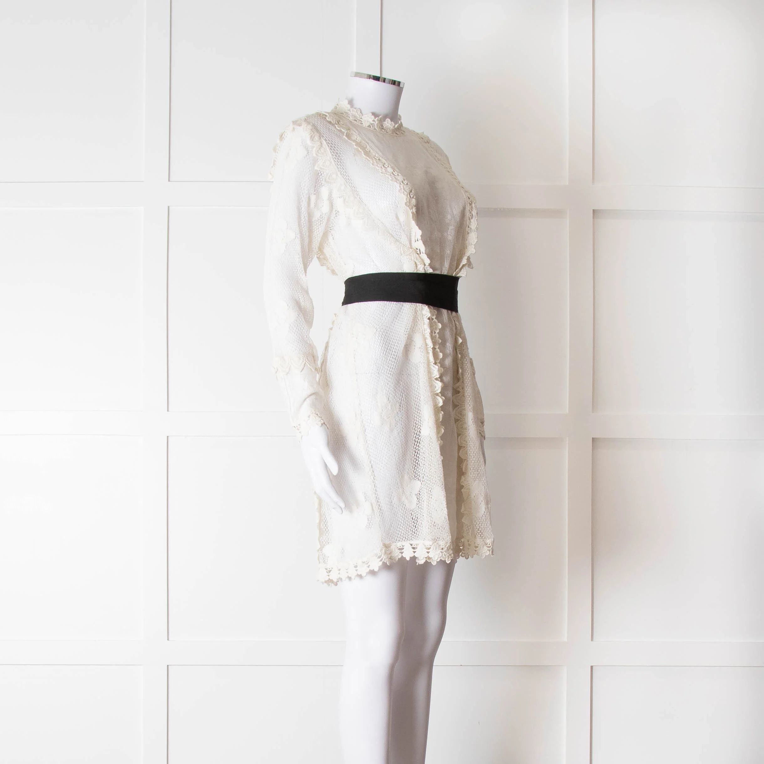 Maje Cream Lace Black Belt Sheer Mini Dress - Image 2