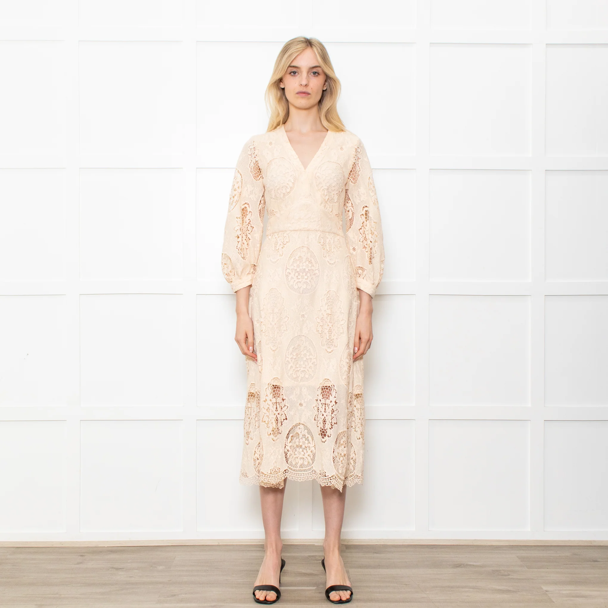 Maje Cream Midi Lace Dress With Long Sleeves