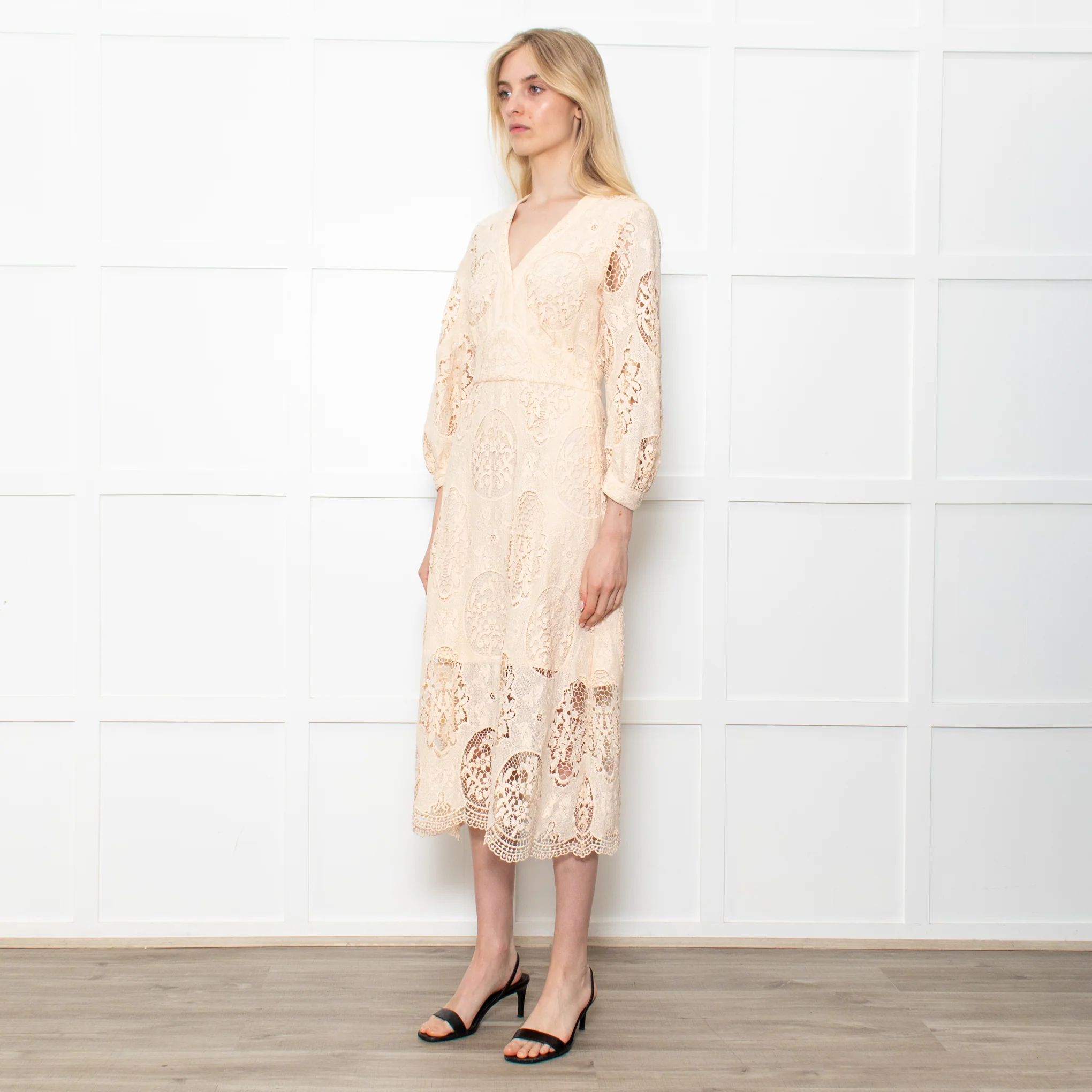 Maje Cream Midi Lace Dress With Long Sleeves - Image 3