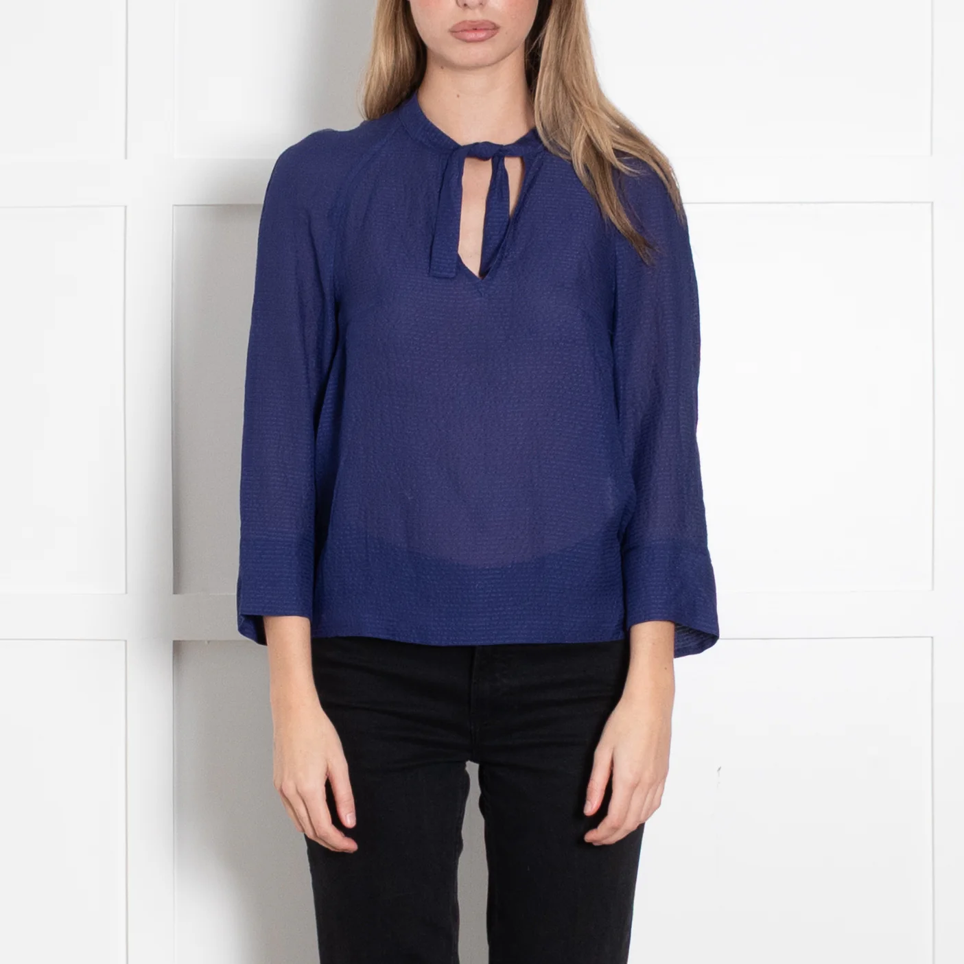 Maje Dark Blue Sheer Textured Tie Neck Top - Image 2