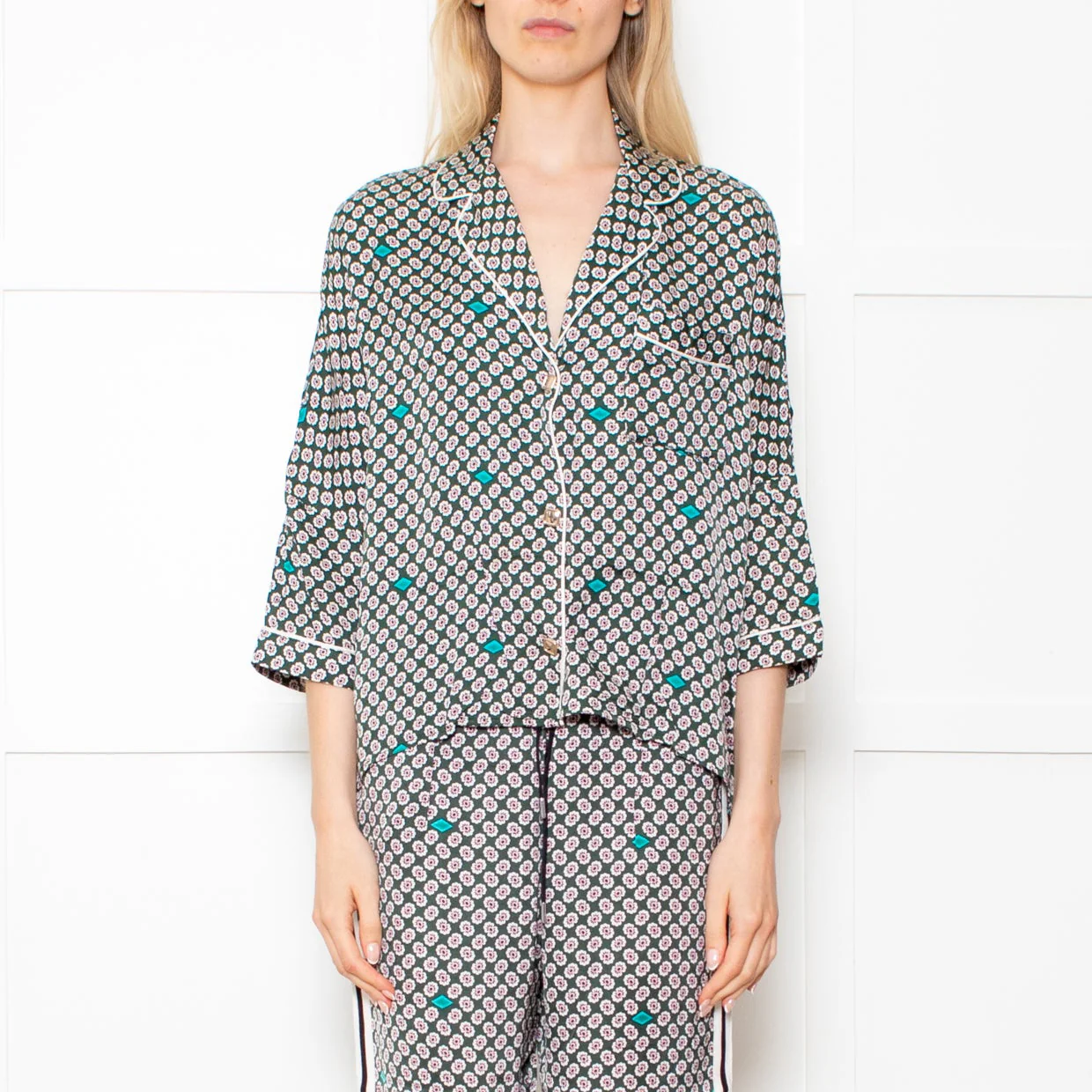 Maje Green Small Floral Pattern Pyjama Style Shirt - Image 2