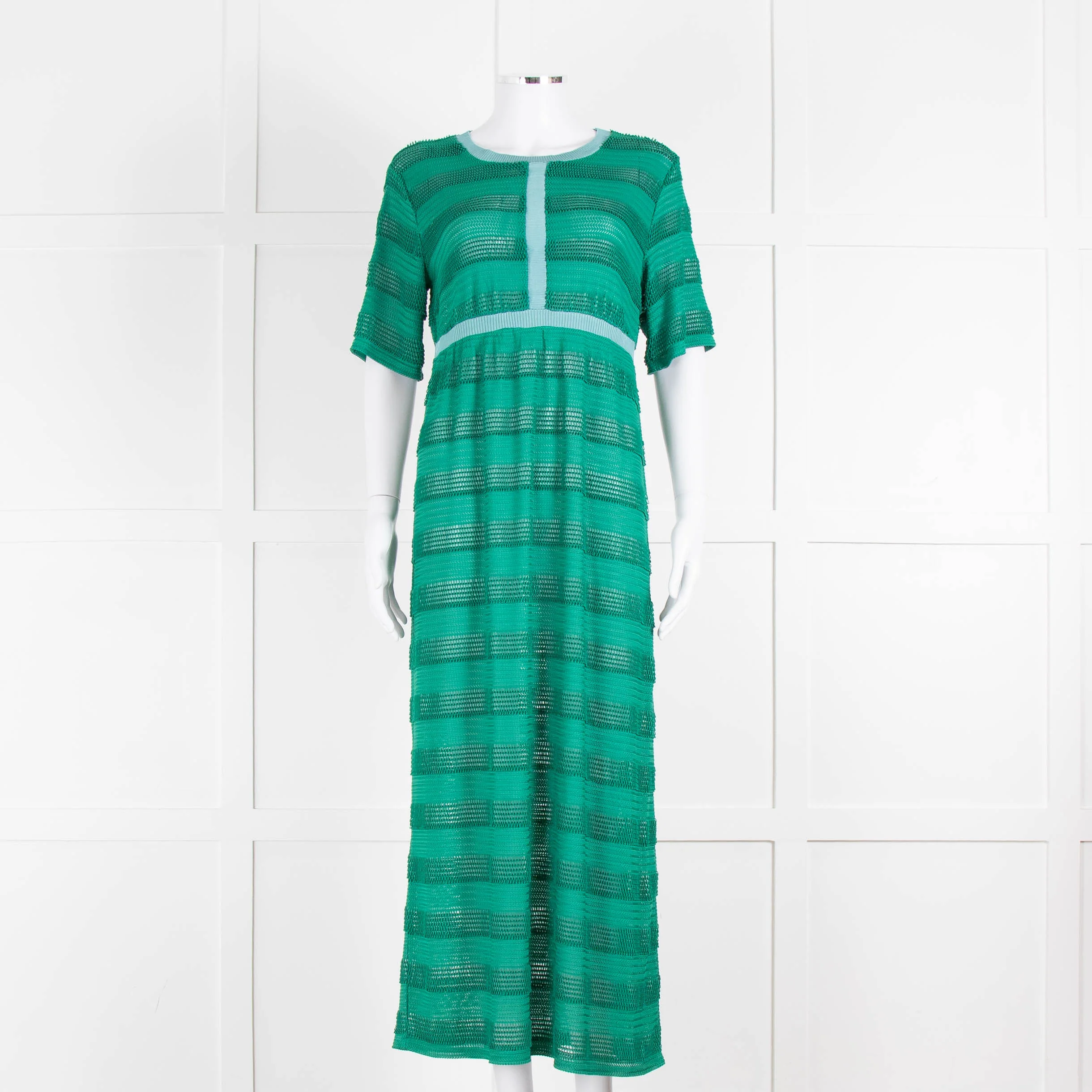 Maje Green Blue Trim Knitted Short Sleeve Maxi Dress & Slip