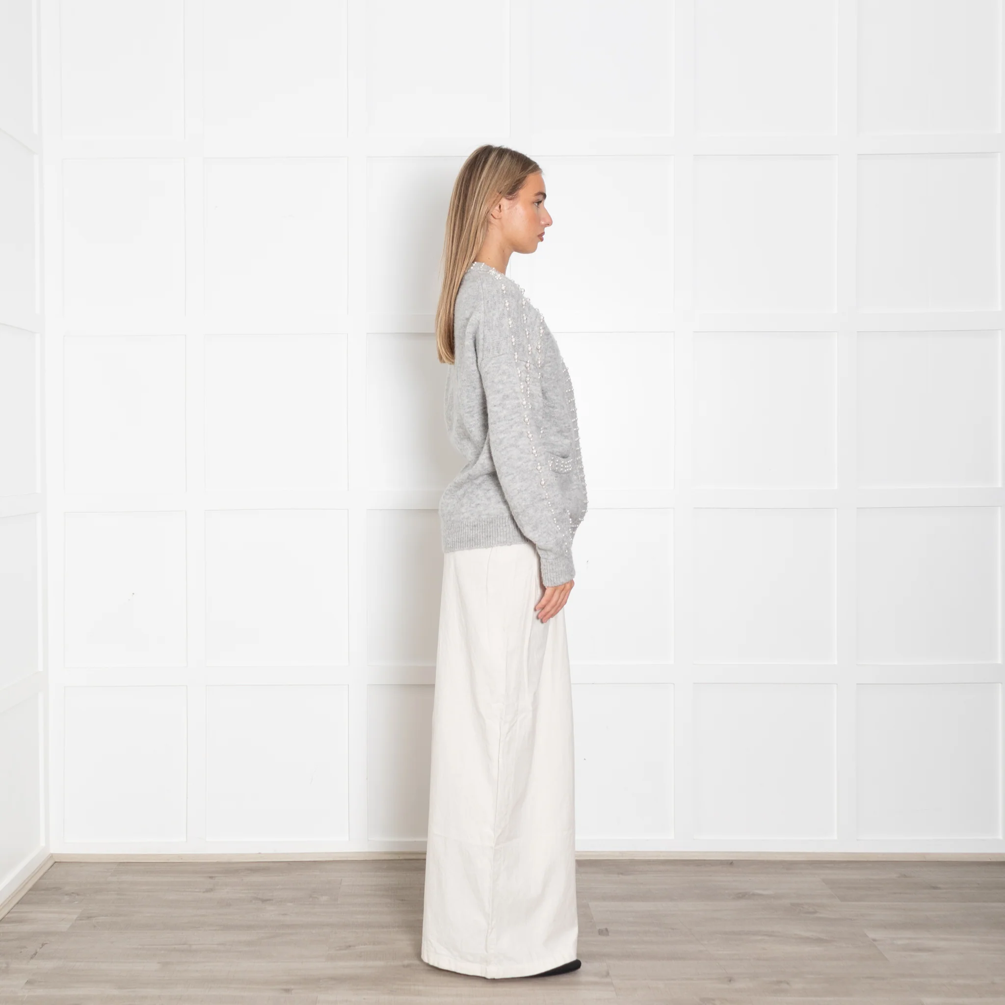 Maje Grey White Pearl Detail Wool Blend Cardigan - Image 6