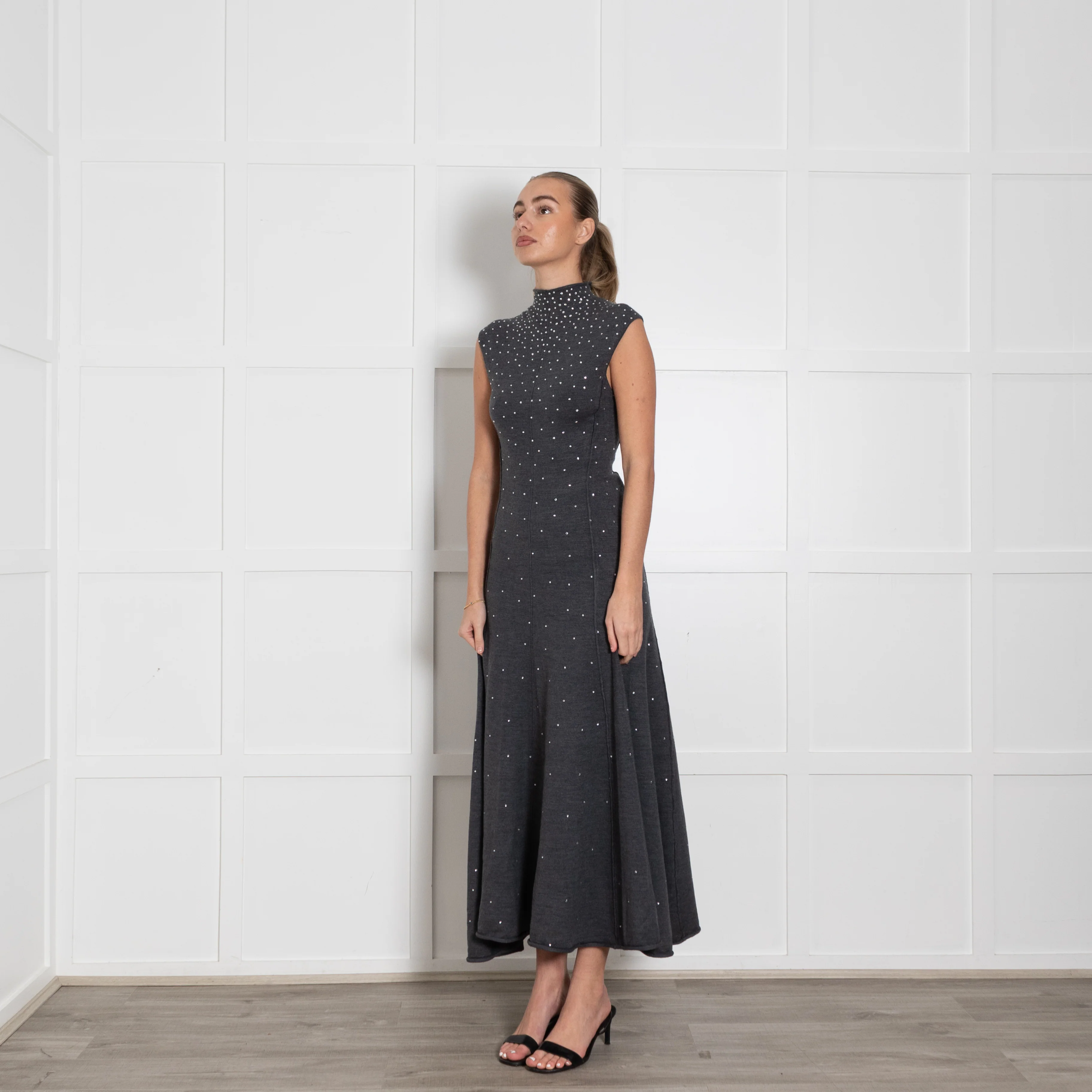 Maje Grey Wool Blend Rhinestone Embellished Knitted Max Dress - Image 3