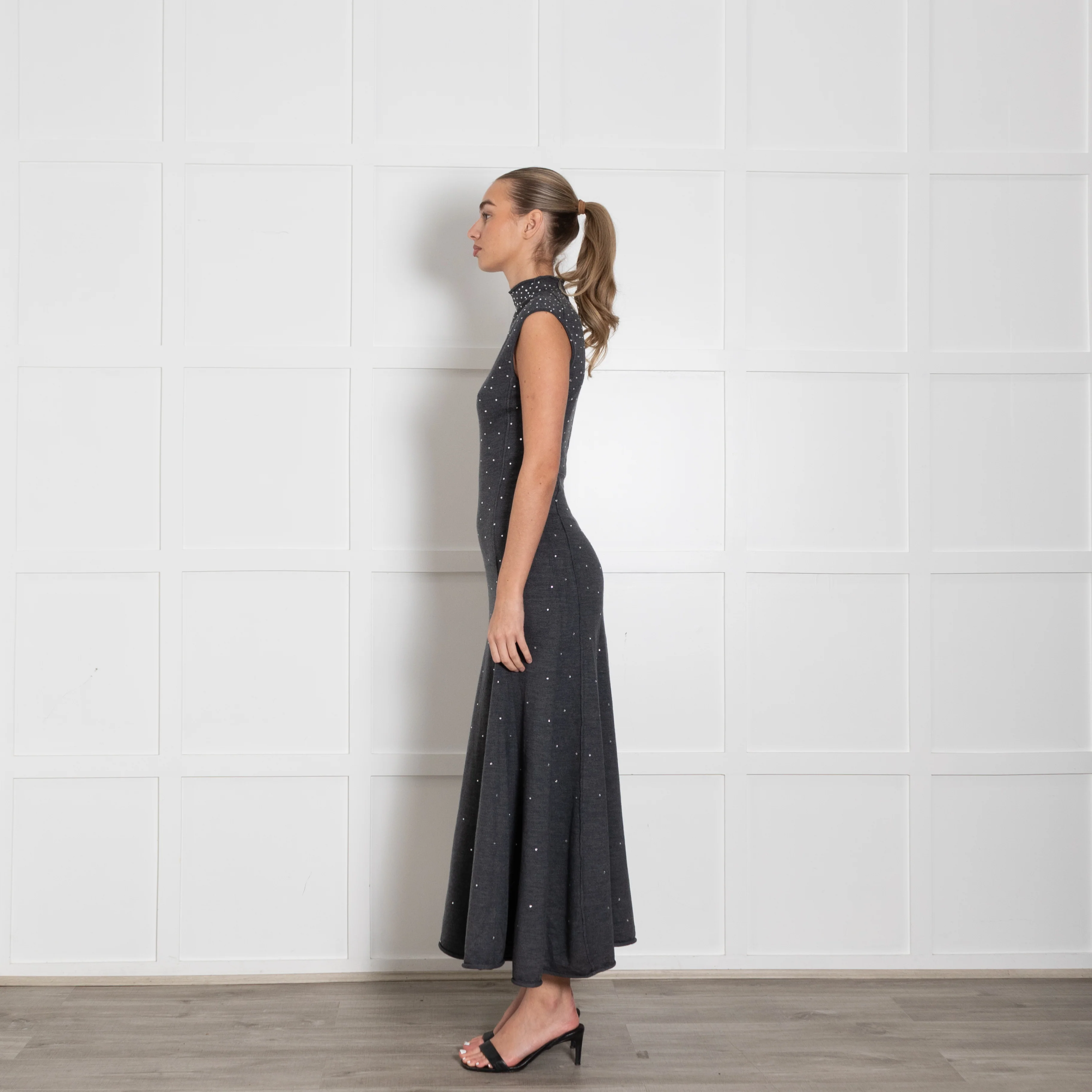 Maje Grey Wool Blend Rhinestone Embellished Knitted Max Dress - Image 4