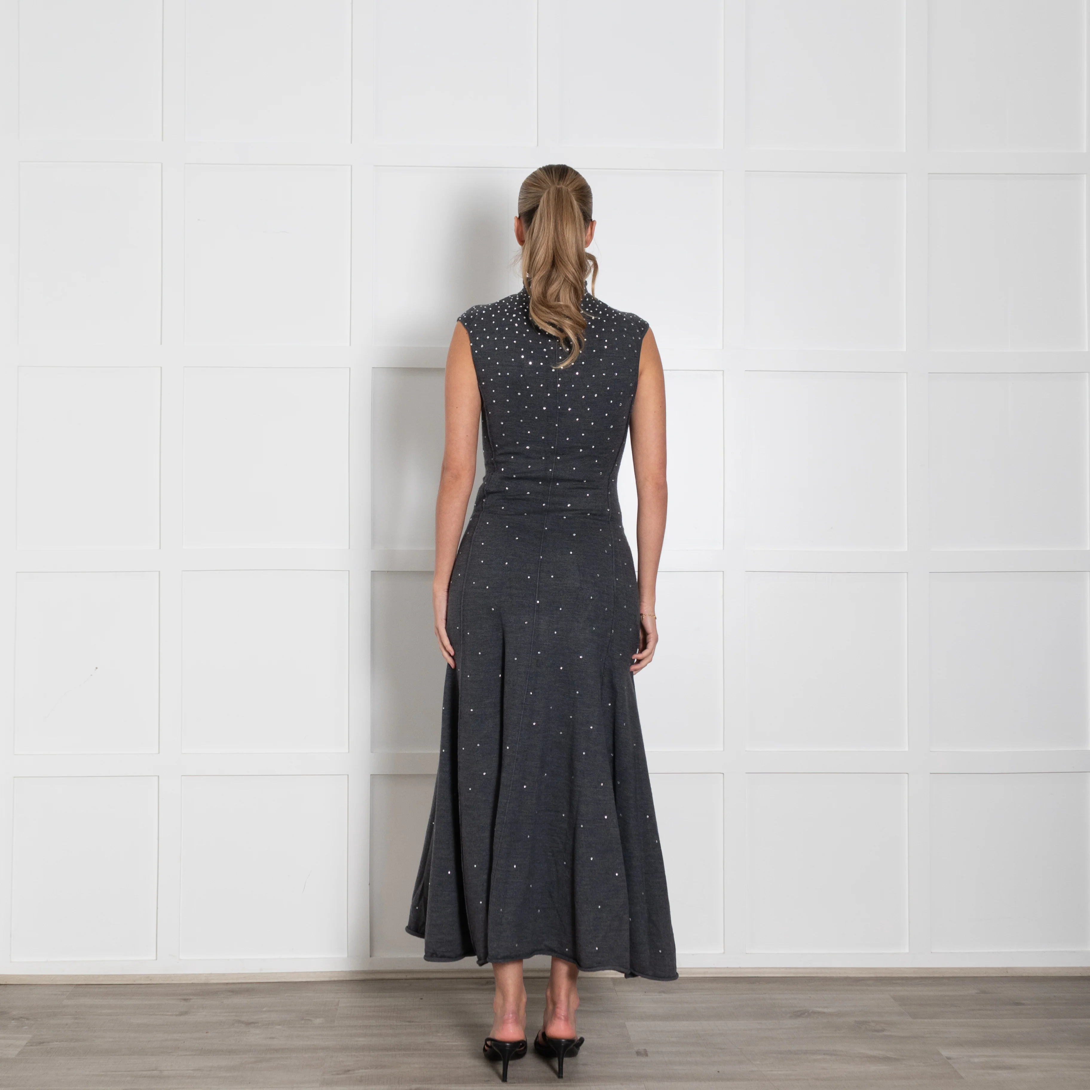 Maje Grey Wool Blend Rhinestone Embellished Knitted Max Dress - Image 5