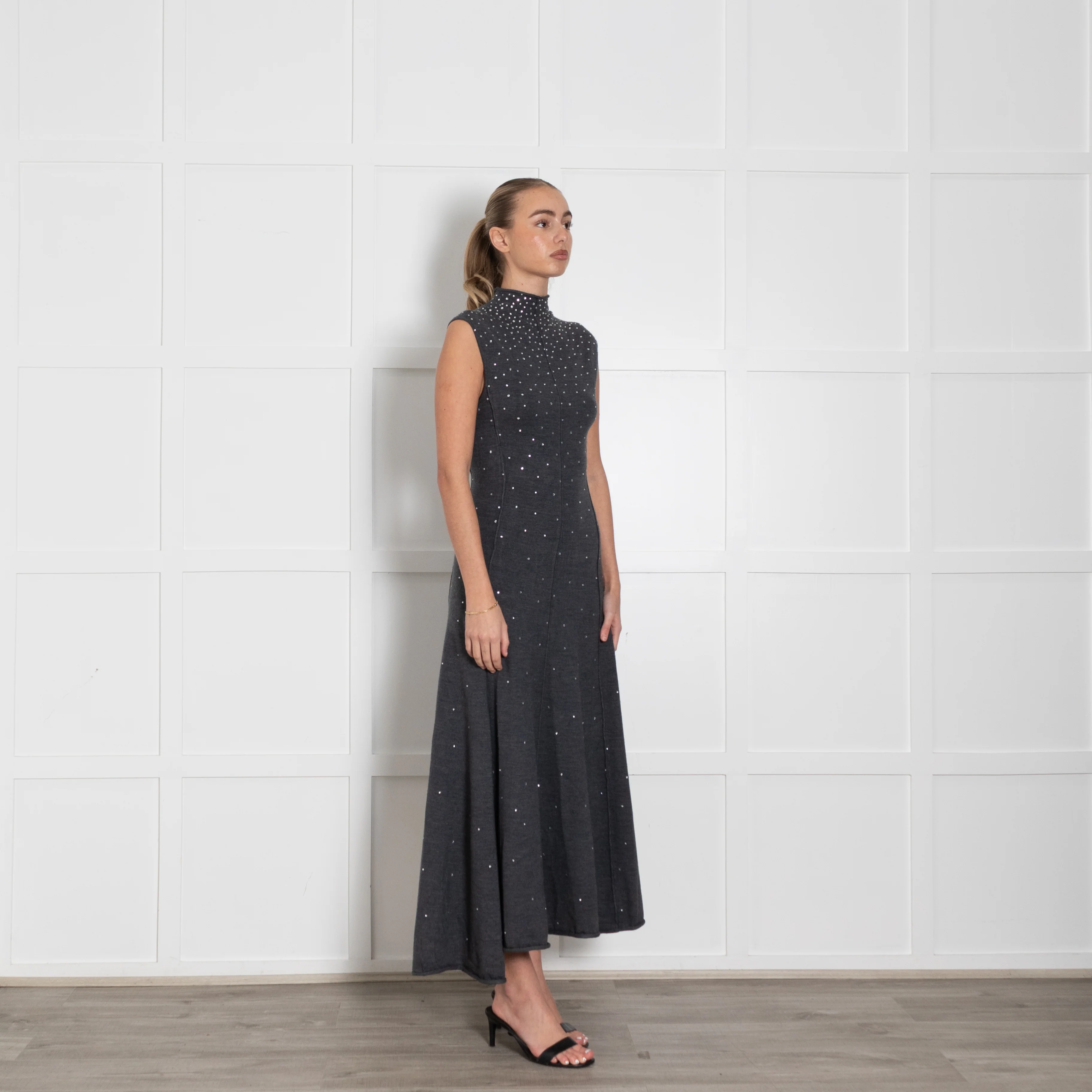 Maje Grey Wool Blend Rhinestone Embellished Knitted Max Dress - Image 7