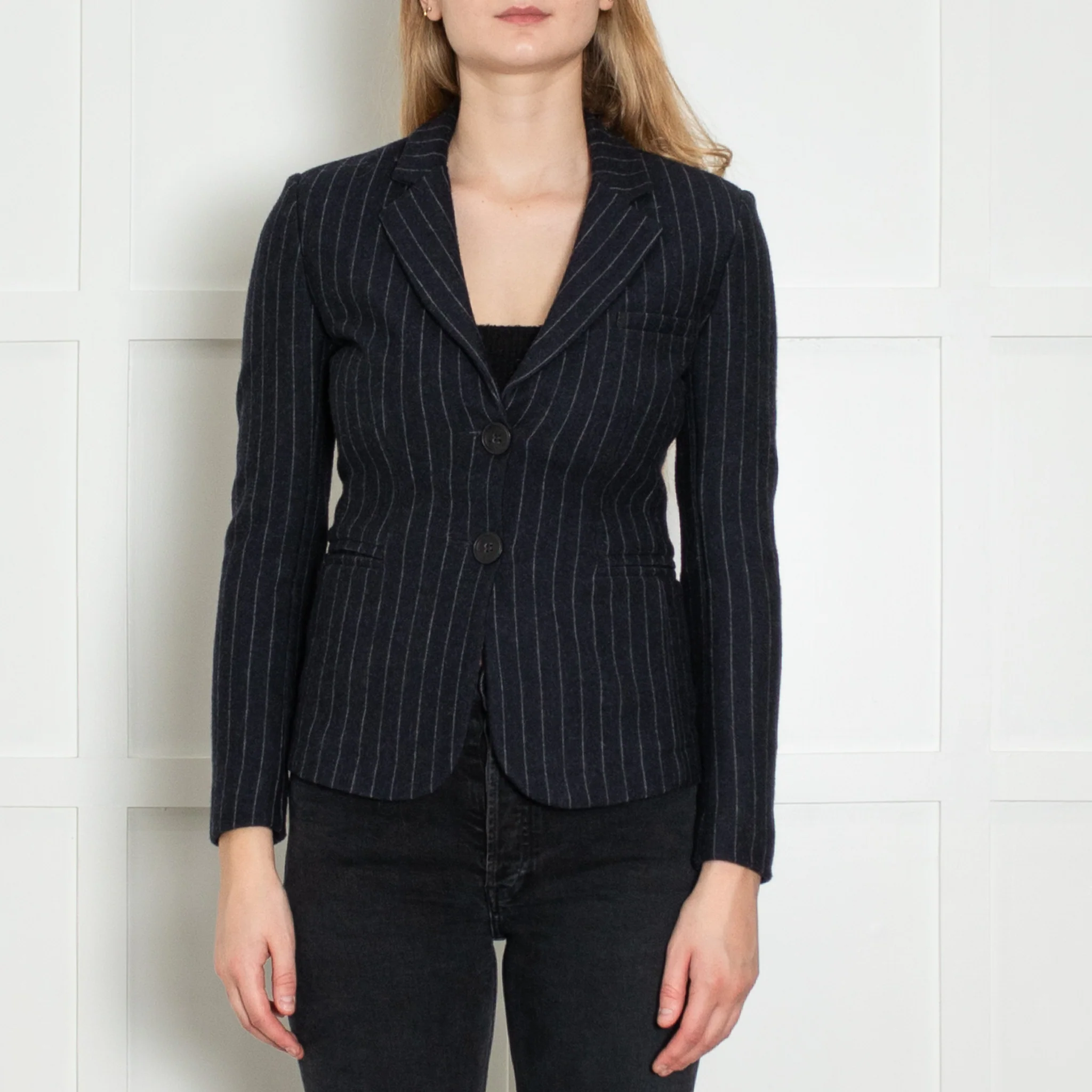 Maje Navy Blue Grey Pinstripe Wool Blend Short Jacket - Image 2