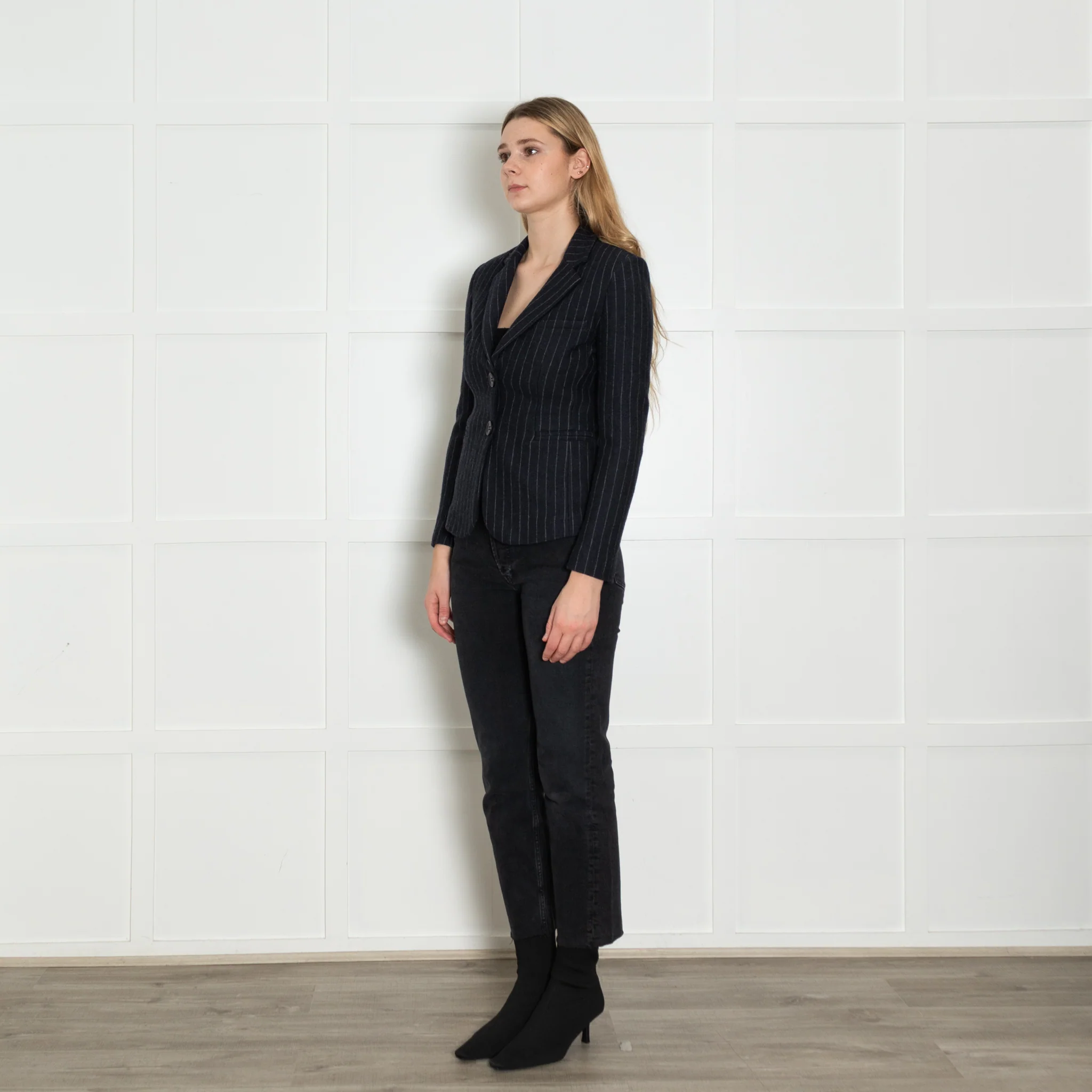 Maje Navy Blue Grey Pinstripe Wool Blend Short Jacket - Image 3