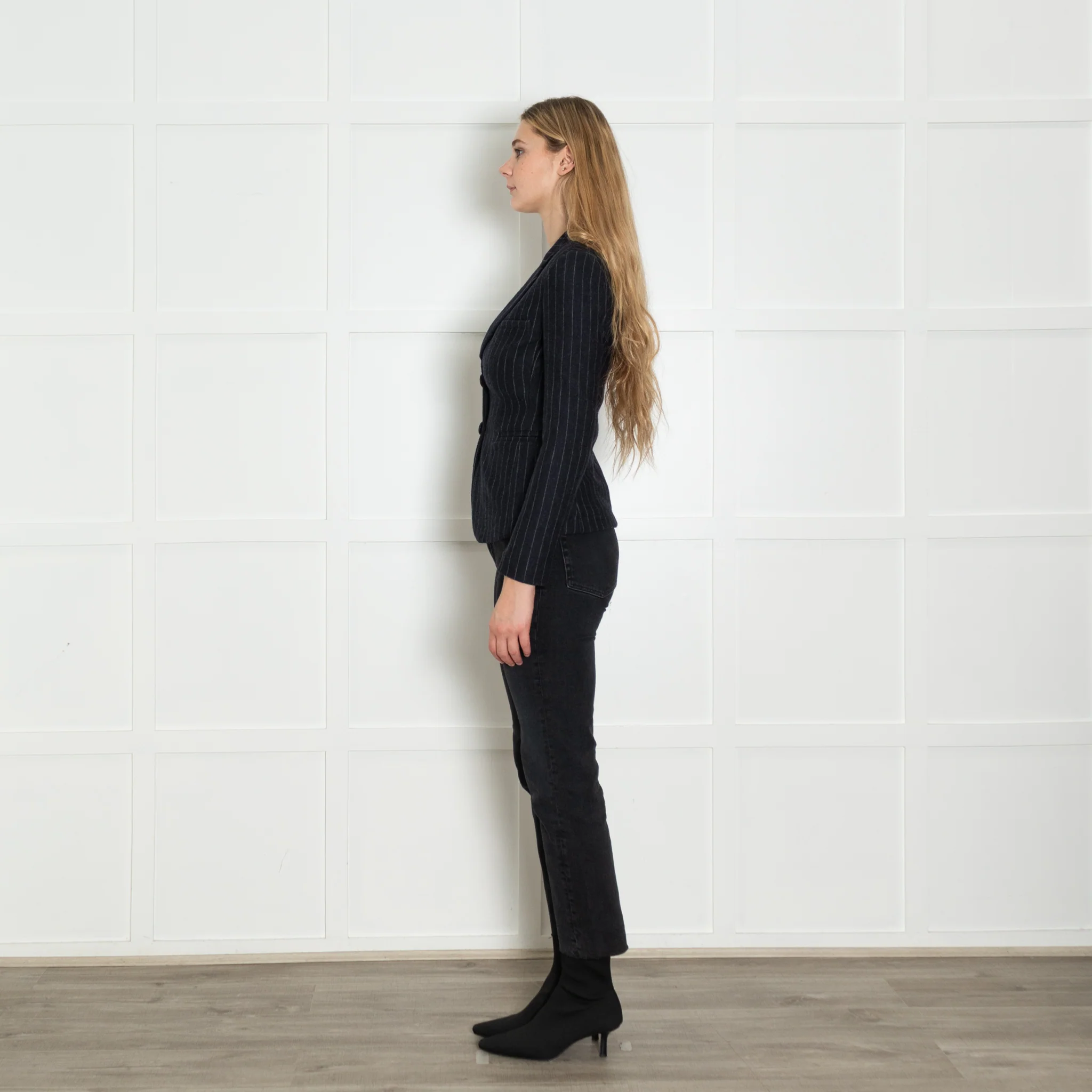 Maje Navy Blue Grey Pinstripe Wool Blend Short Jacket - Image 4