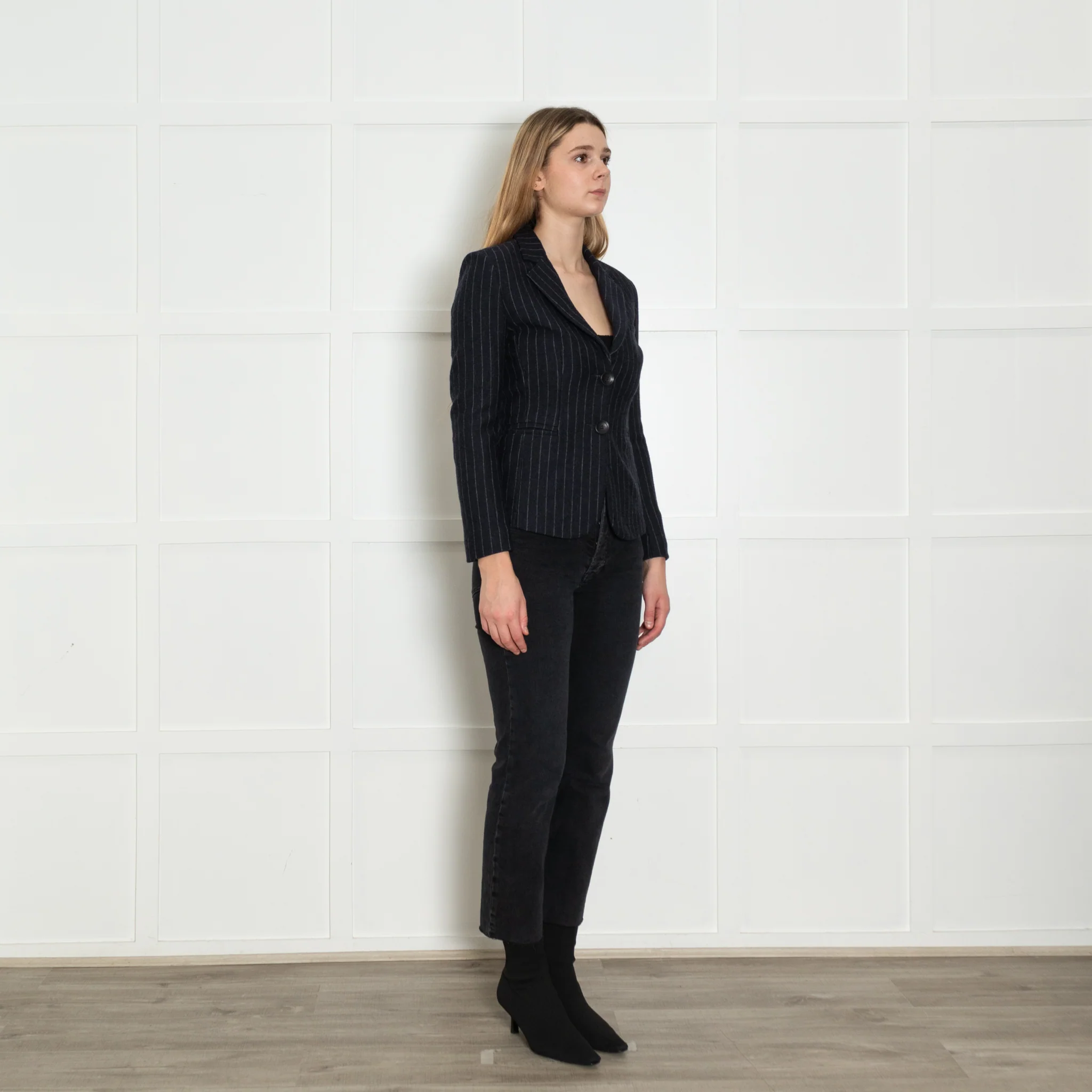 Maje Navy Blue Grey Pinstripe Wool Blend Short Jacket - Image 7
